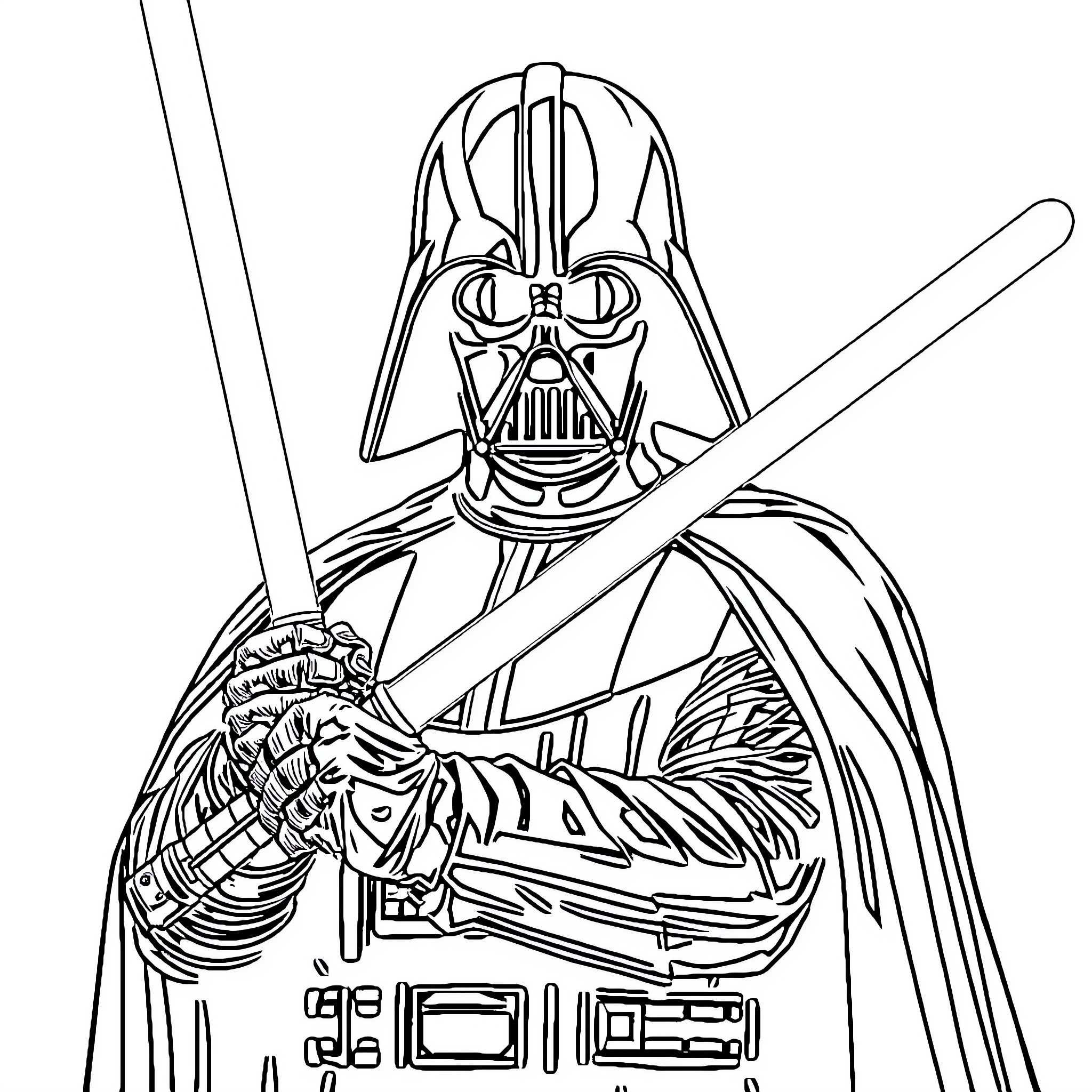 Darth Vader wielding his iconic lightsaber Coloring Page (free black-and-white line drawing printable PDF for all, from beginners to advanced learners, including children, teens, adults, and seniors)