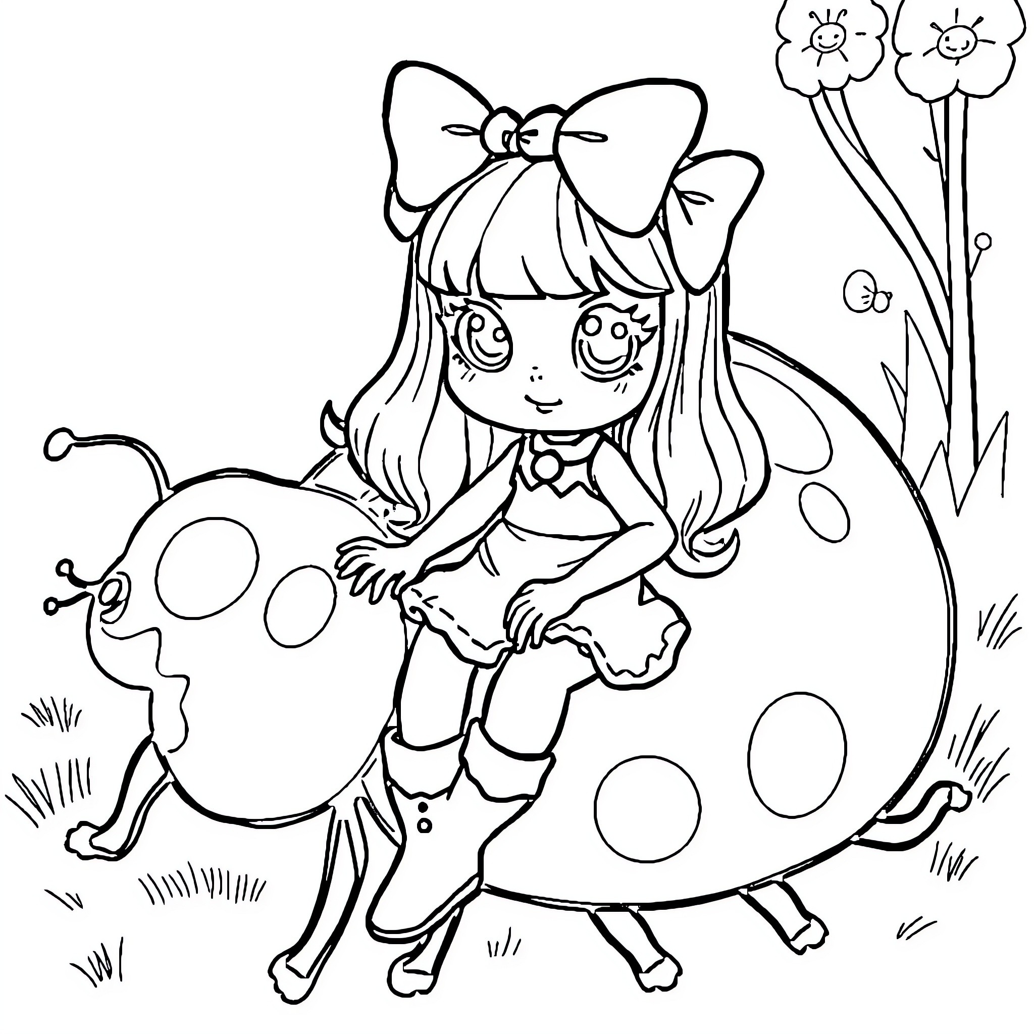 Gabby's Playful Adventure with Ladybug Coloring Page (free black-and-white line drawing printable PDF for all, from beginners to advanced learners, including children, teens, adults, and seniors)