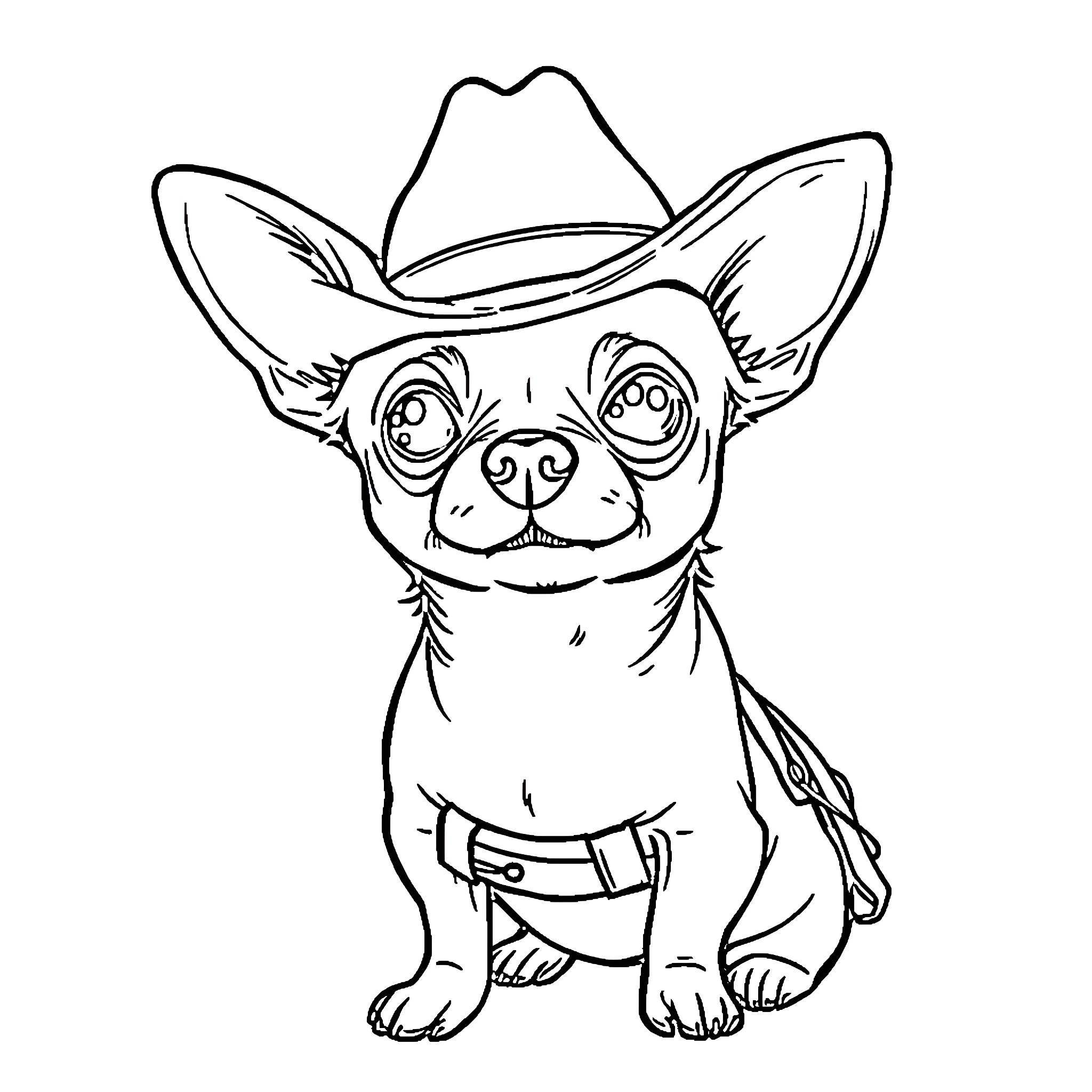 Chihuahua wearing a cowboy hat Coloring Page (free black-and-white line drawing printable PDF for all, from beginners to advanced learners, including children, teens, adults, and seniors)