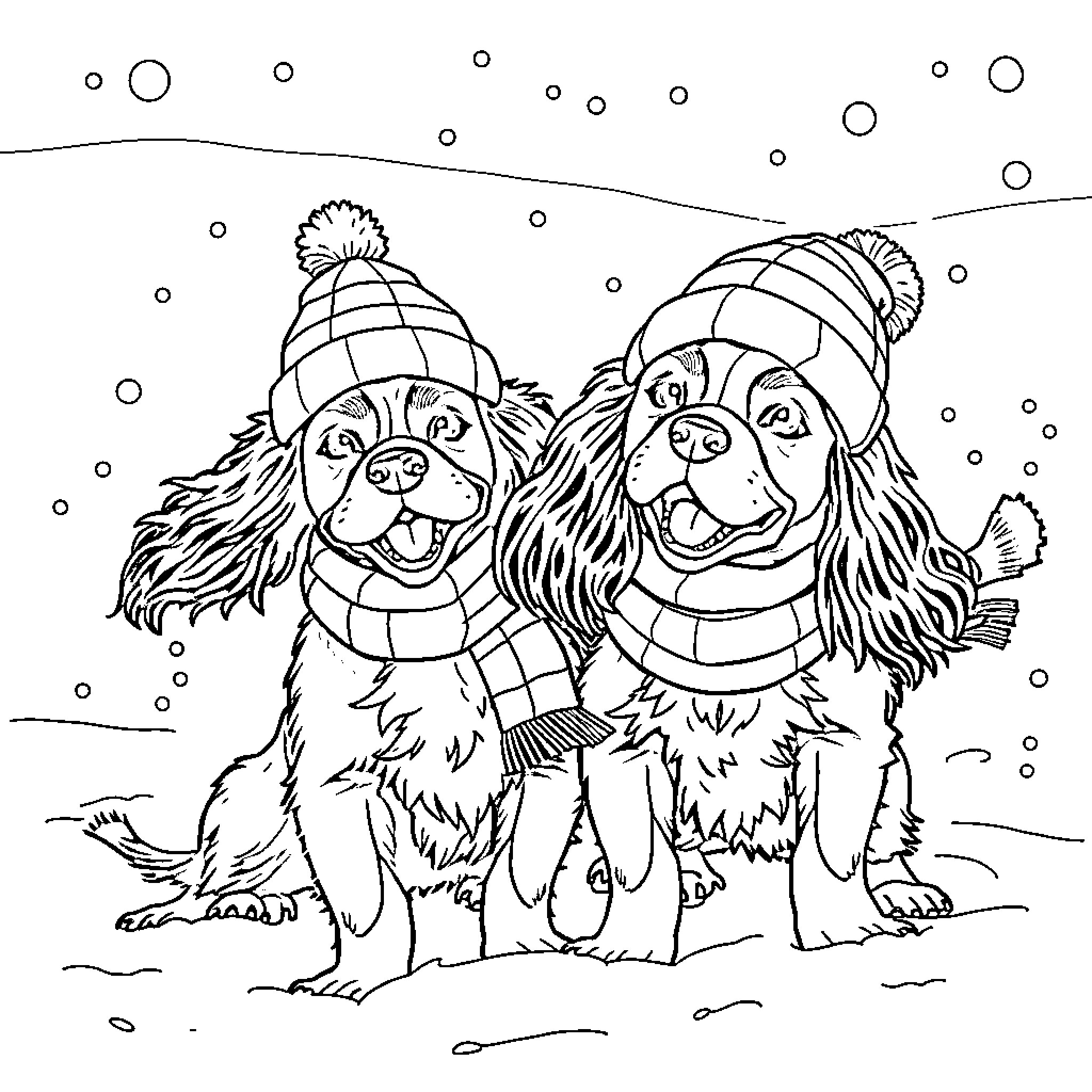 Cavalier King Charles Spaniel dogs playing in the snow Coloring Page (free black-and-white line drawing printable PDF for all, from beginners to advanced learners, including children, teens, adults, and seniors)