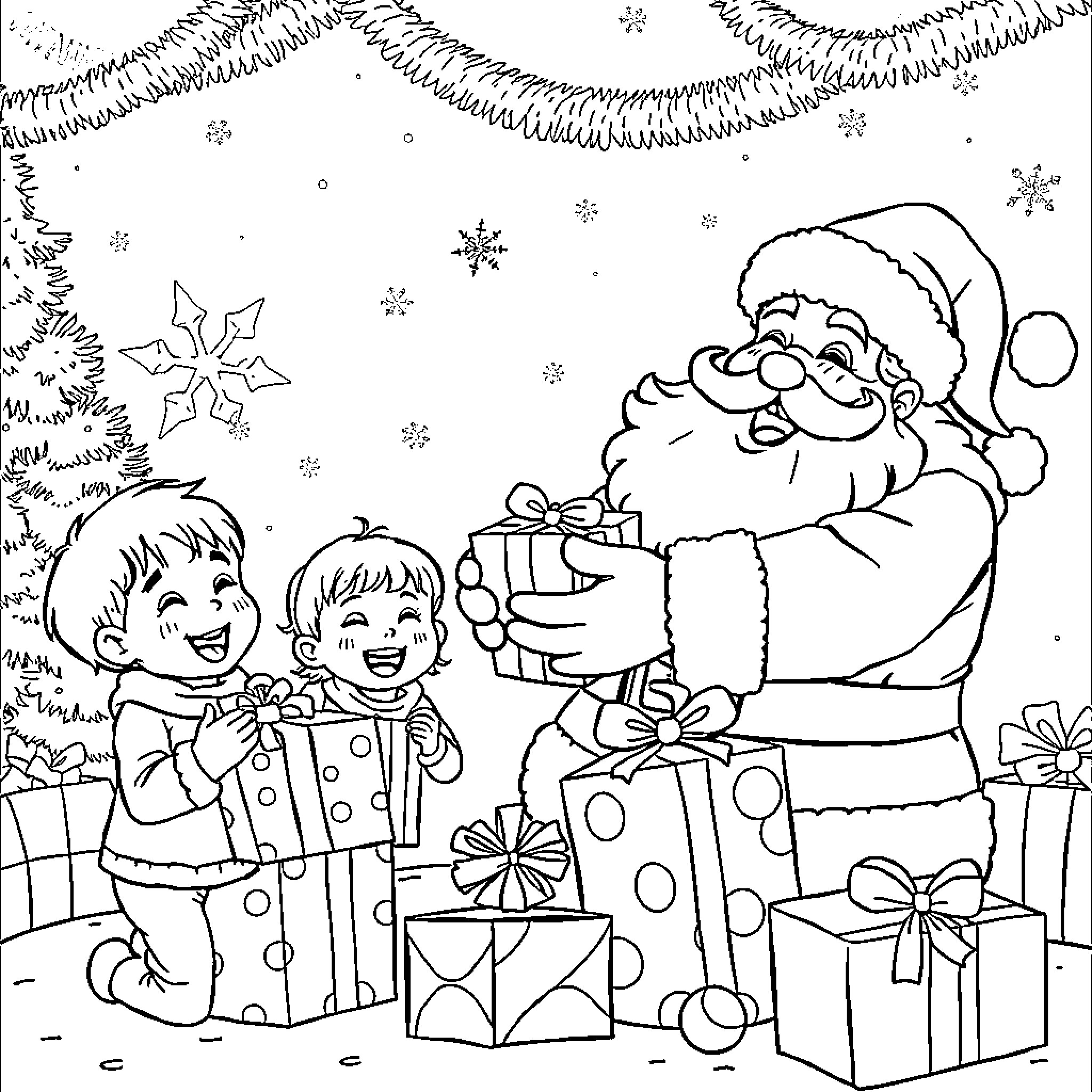 Santa Claus Distributing Gifts to Children on Christmas Coloring Page (free black-and-white line drawing printable PDF for all, from beginners to advanced learners, including children, teens, adults, and seniors)