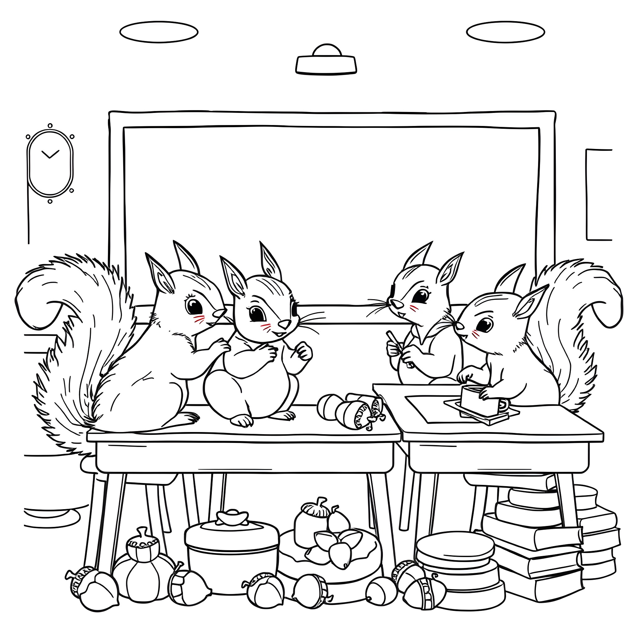 Squirrels having a tea party in the classroom Coloring Page (free black-and-white line drawing printable PDF for all, from beginners to advanced learners, including children, teens, adults, and seniors)