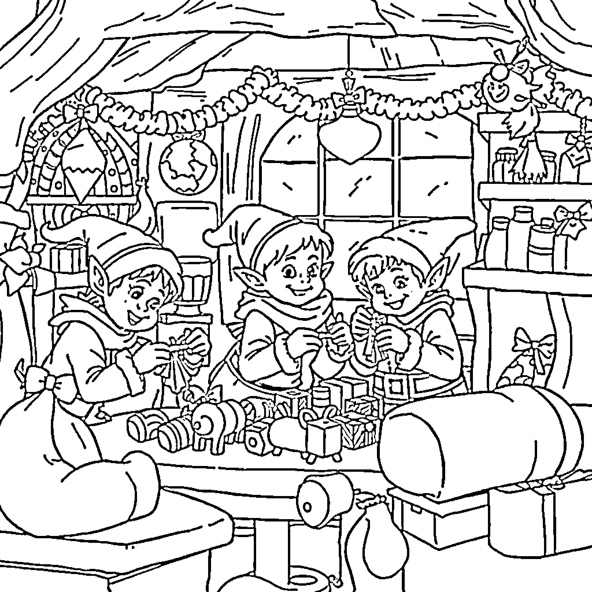 Elf Toys Workshop Buzzing with Festive Activity Coloring Page (free black-and-white line drawing printable PDF for all, from beginners to advanced learners, including children, teens, adults, and seniors)