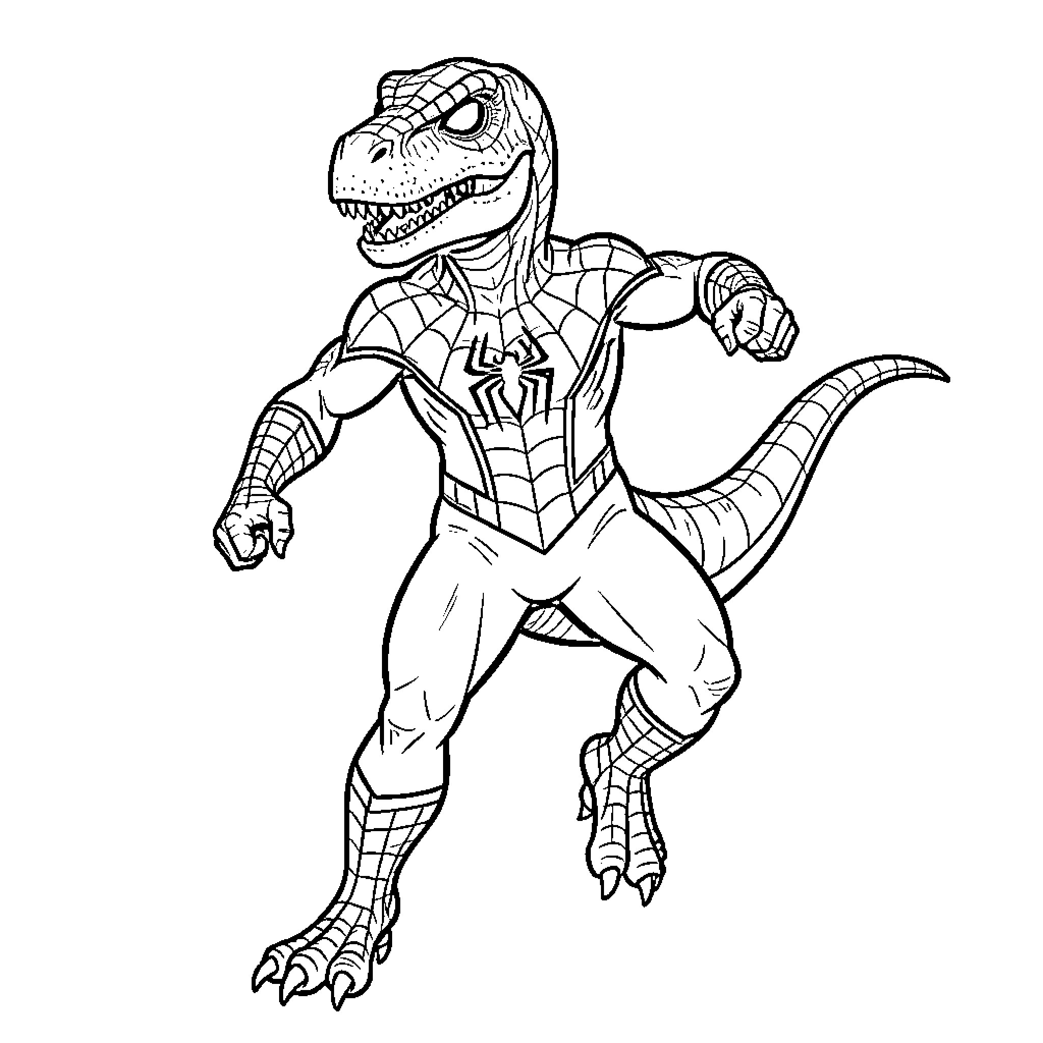 Spiderman themed dinosaur posing in a heroic stance Coloring Page (free black-and-white line drawing printable PDF for all, from beginners to advanced learners, including children, teens, adults, and seniors)