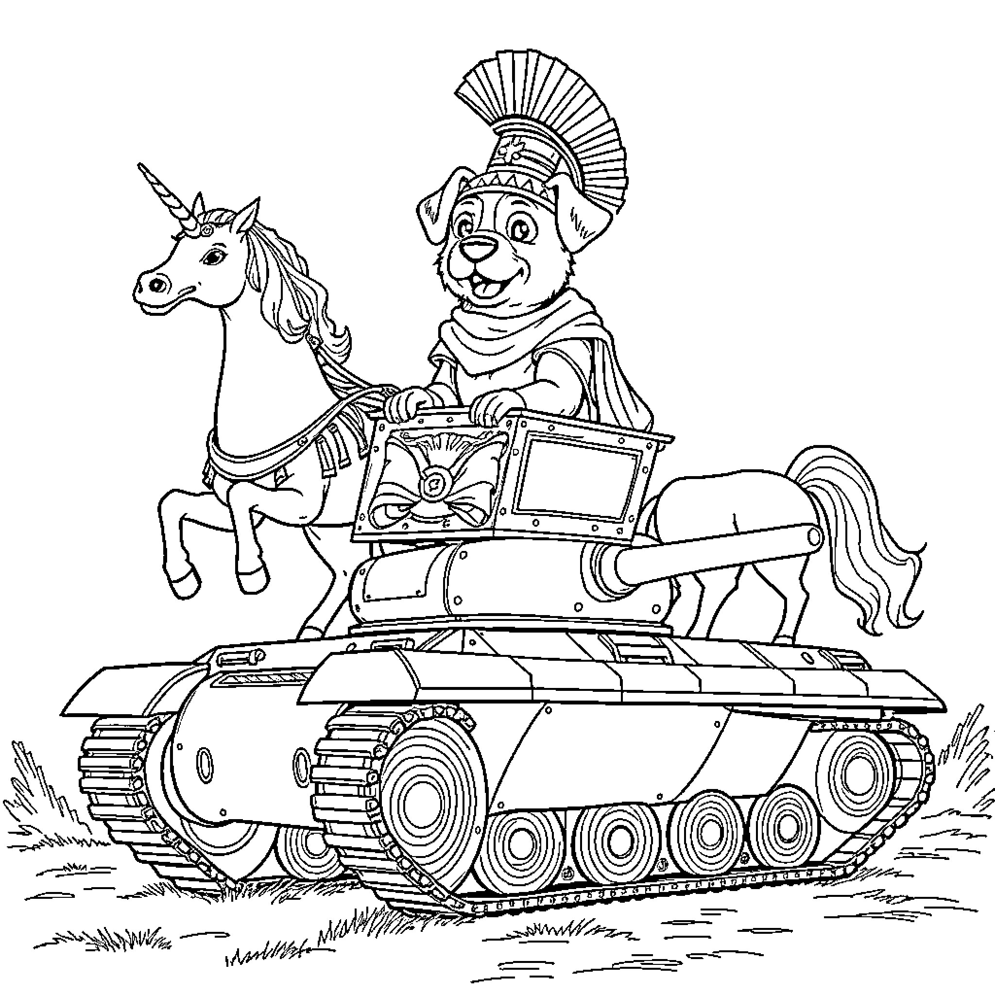 Dog riding a tank with a unicorn companion Coloring Page (free black-and-white line drawing printable PDF for all, from beginners to advanced learners, including children, teens, adults, and seniors)