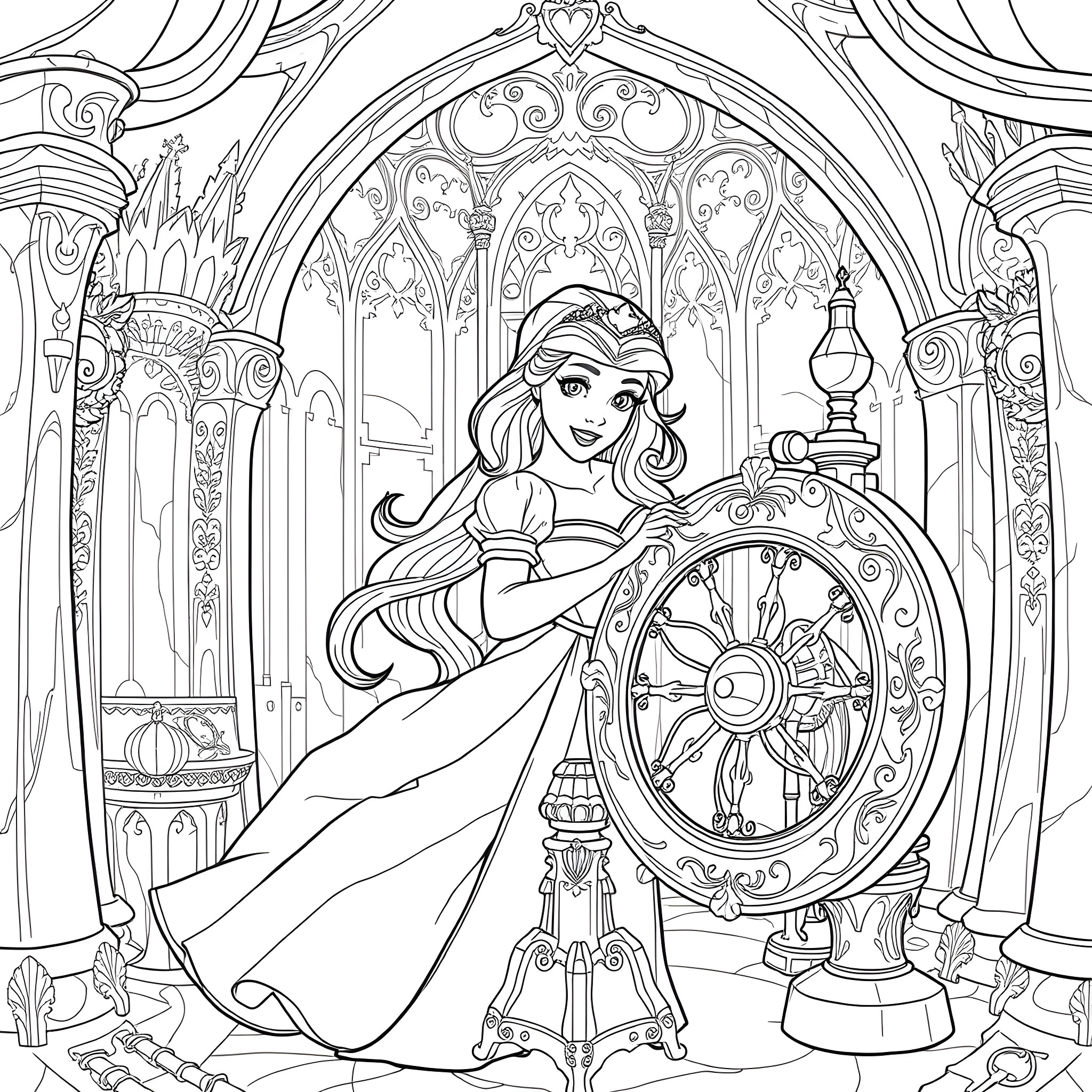 Sleeping Beauty posing in a grand castle interior Coloring Page (free black-and-white line drawing printable PDF for all, from beginners to advanced learners, including children, teens, adults, and seniors)