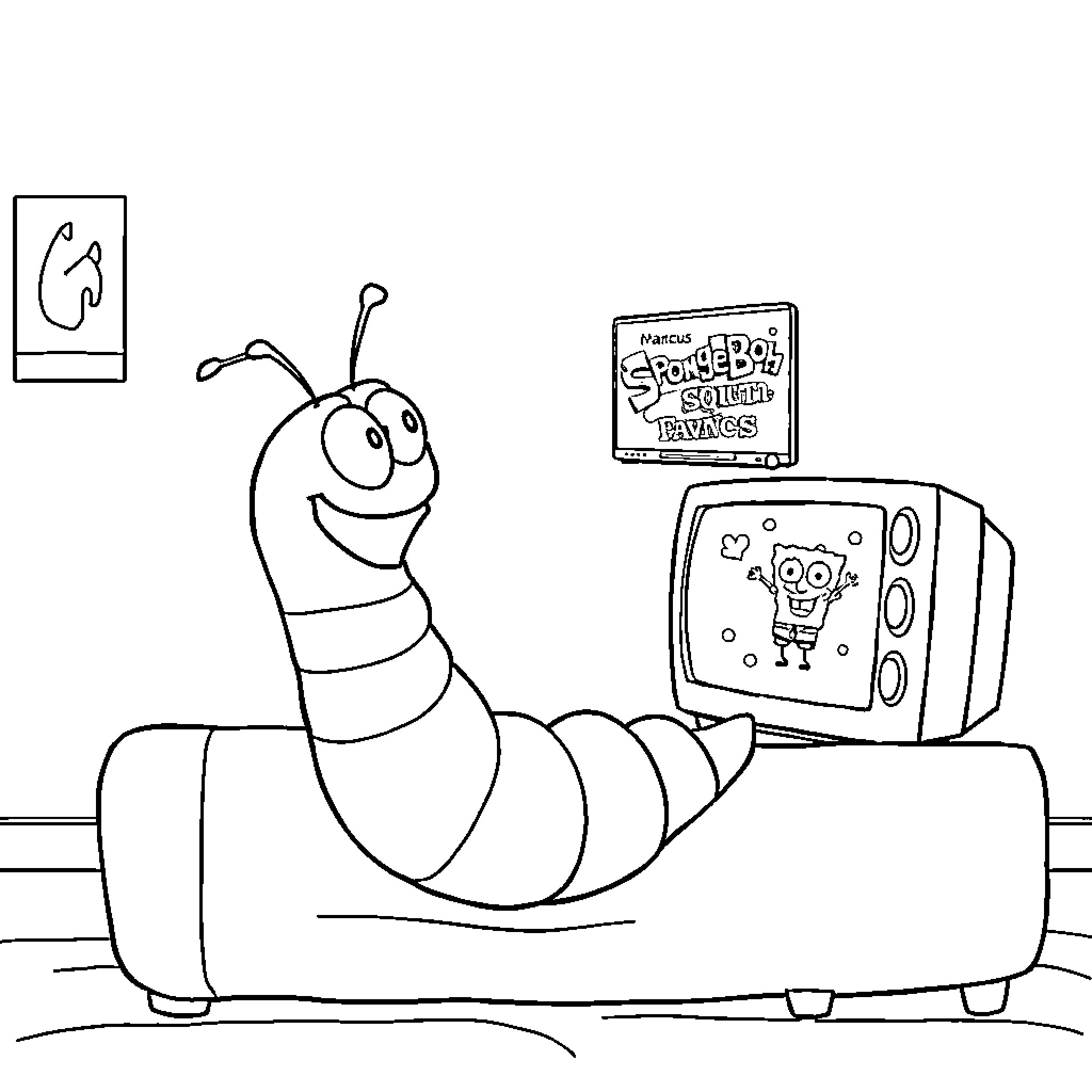 Worm enjoying television on the couch Coloring Page (free black-and-white line drawing printable PDF for all, from beginners to advanced learners, including children, teens, adults, and seniors)