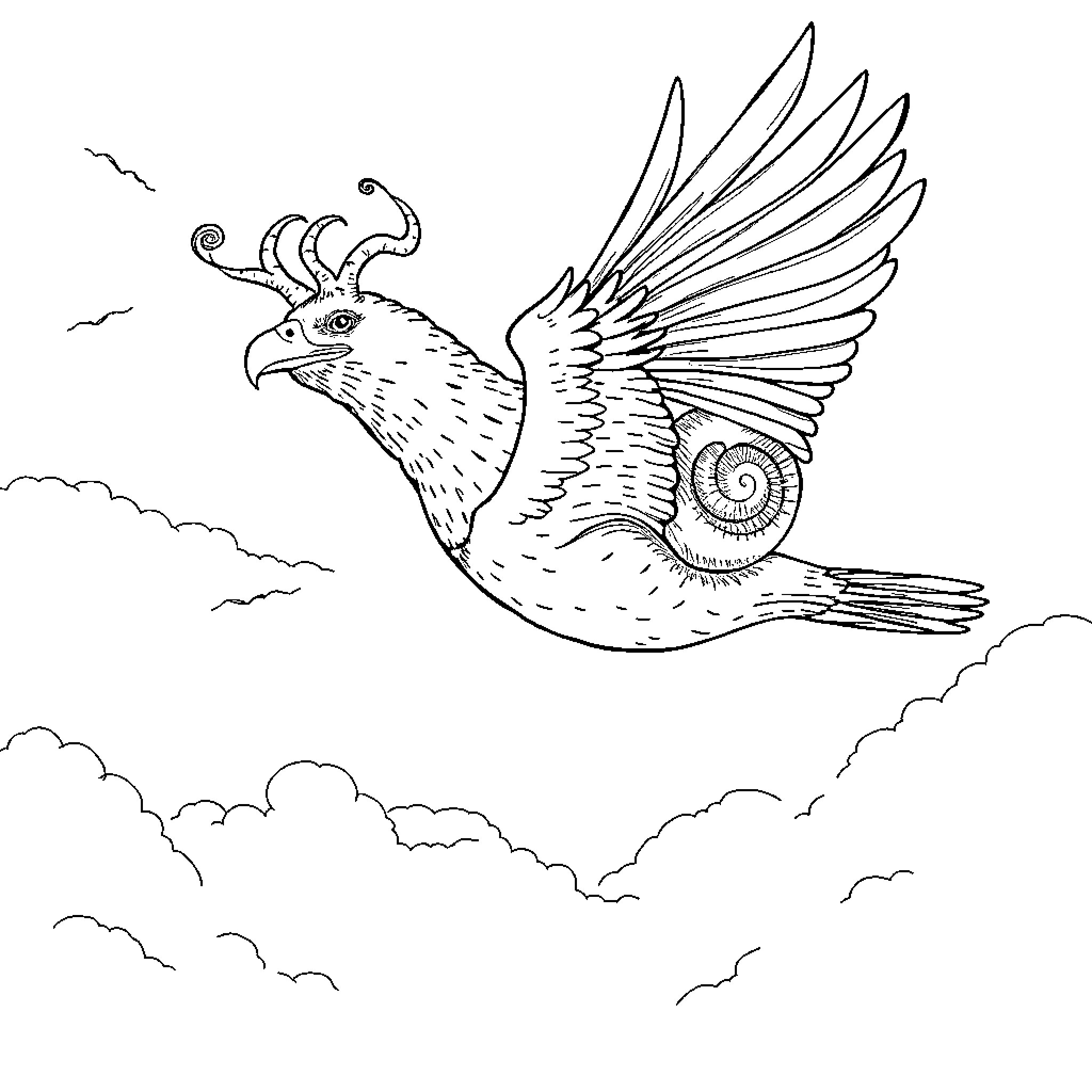Eagle soaring through the clouds Coloring Page (free black-and-white line drawing printable PDF for all, from beginners to advanced learners, including children, teens, adults, and seniors)