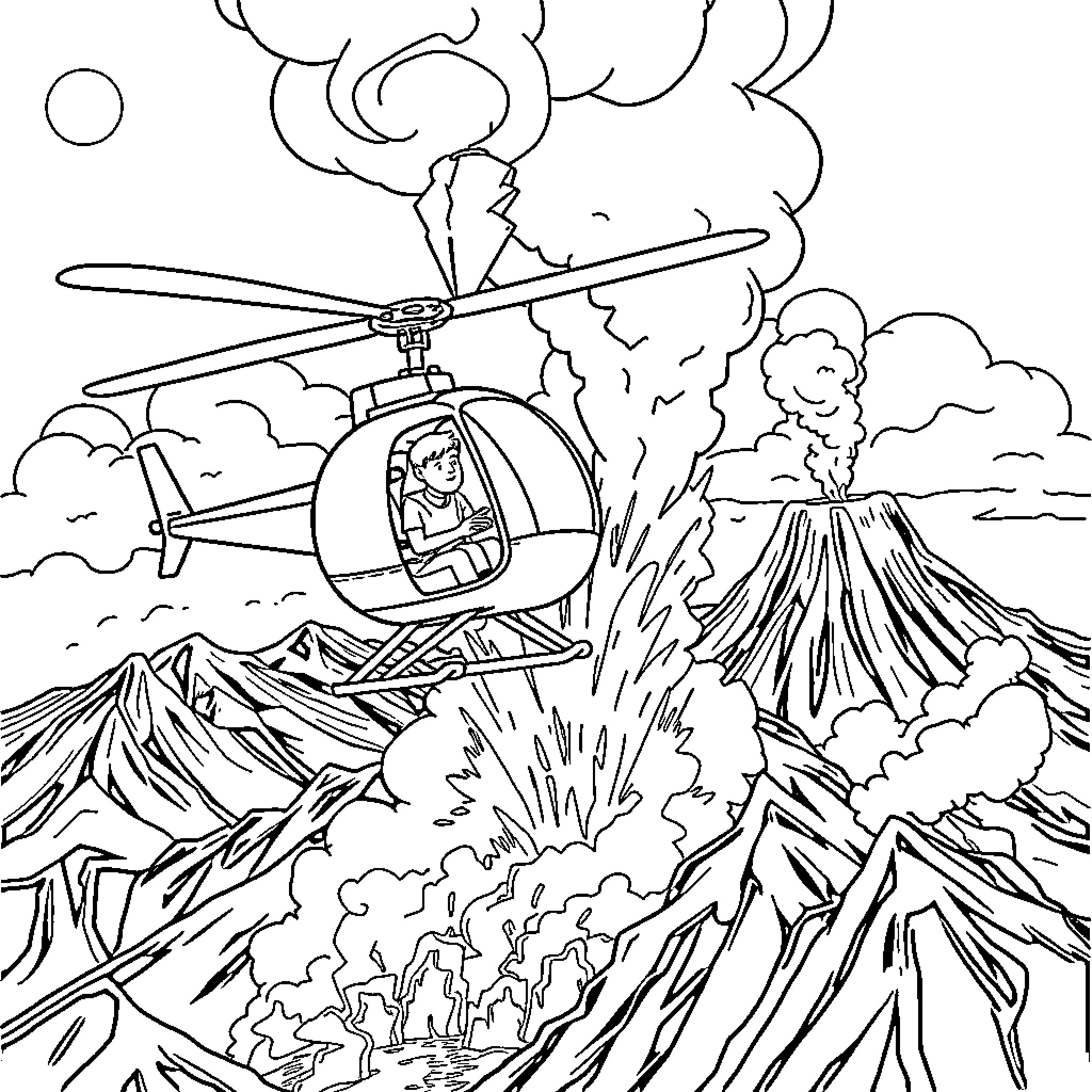 Helicopter flying over volcanic eruption Coloring Page (free black-and-white line drawing printable PDF for all, from beginners to advanced learners, including children, teens, adults, and seniors)