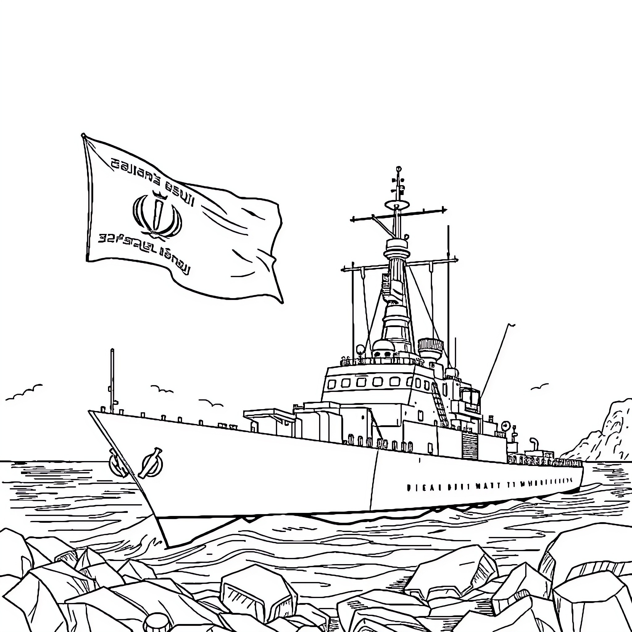 Warship with Iranian flag sailing through choppy waters Coloring Page (free black-and-white line drawing printable PDF for all, from beginners to advanced learners, including children, teens, adults, and seniors)