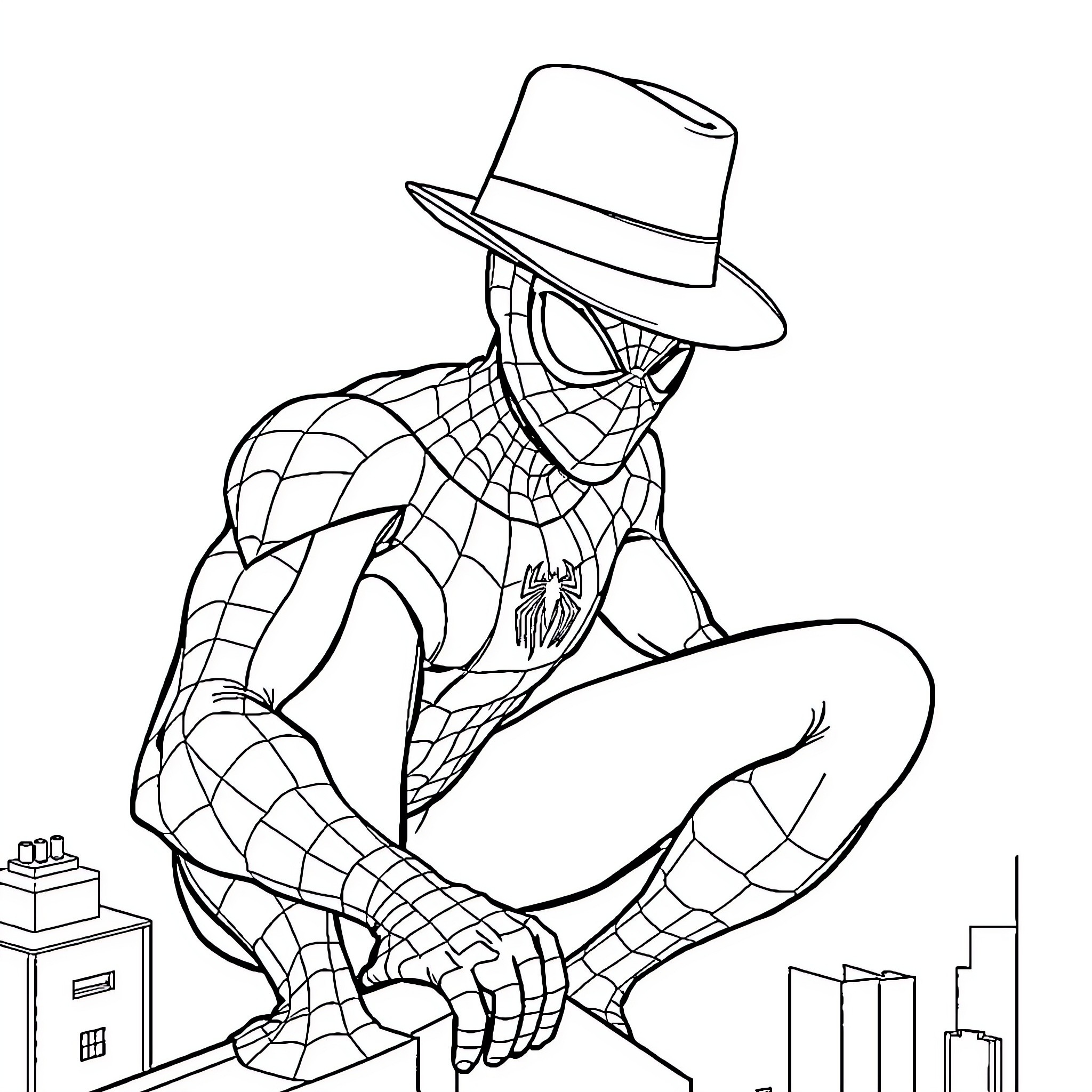 Spiderman crouching on a building Coloring Page (free black-and-white line drawing printable PDF for all, from beginners to advanced learners, including children, teens, adults, and seniors)