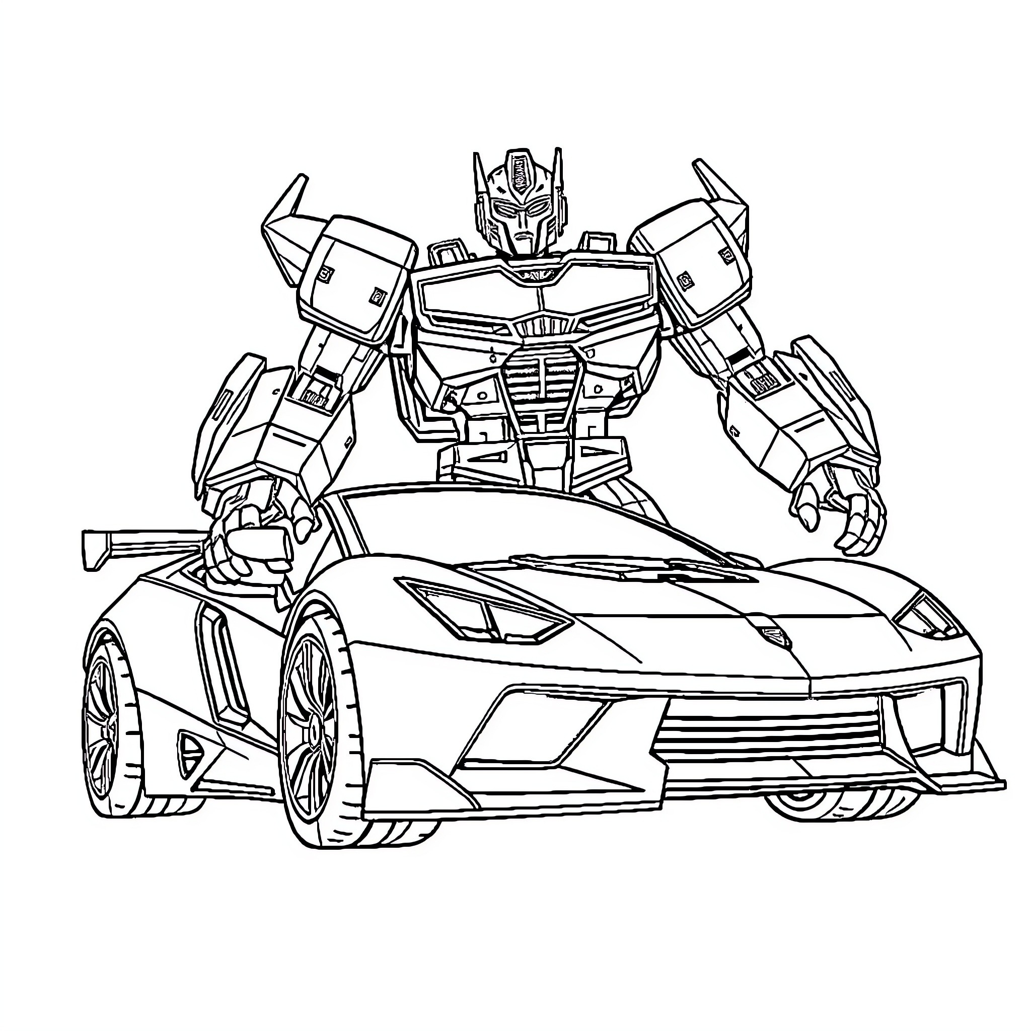 Transformer robot with futuristic sports car Coloring Page (free black-and-white line drawing printable PDF for all, from beginners to advanced learners, including children, teens, adults, and seniors)