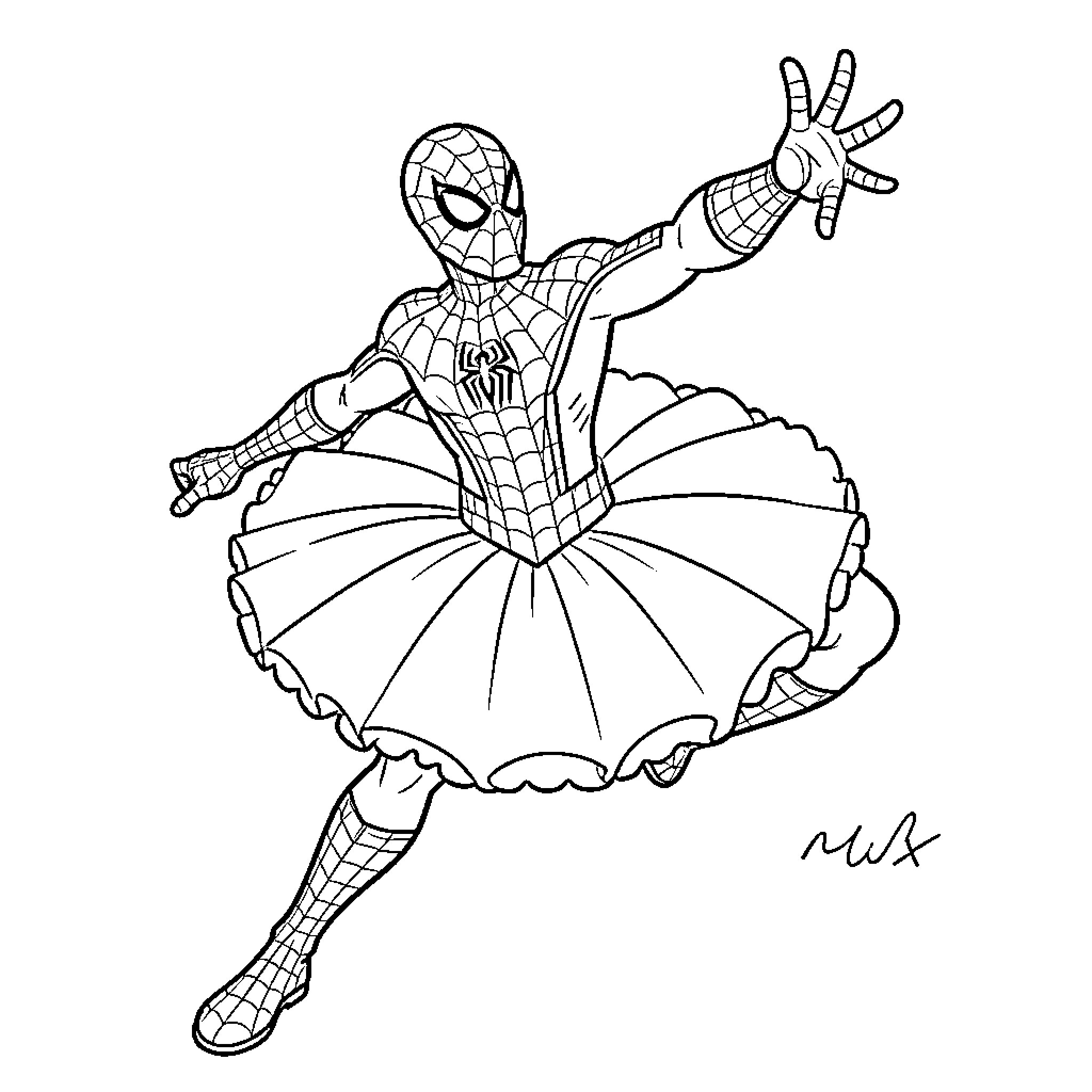 Spiderman dancing in a tutu Coloring Page (free black-and-white line drawing printable PDF for all, from beginners to advanced learners, including children, teens, adults, and seniors)
