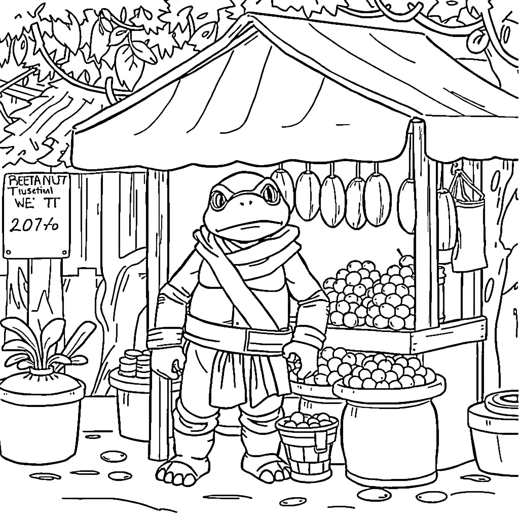 Ninja Turtle working at the local market stall Coloring Page (free black-and-white line drawing printable PDF for all, from beginners to advanced learners, including children, teens, adults, and seniors)