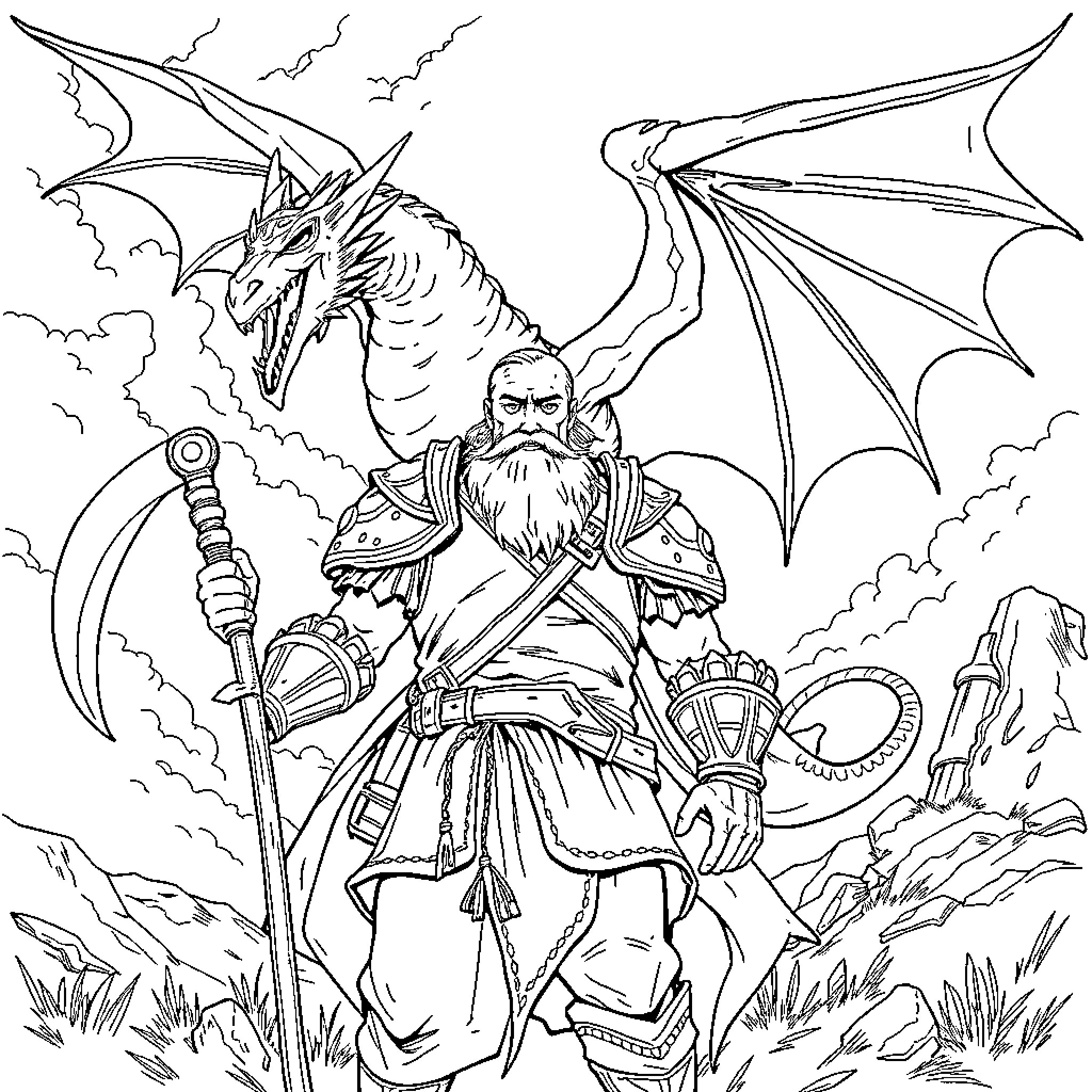 Bearded Man Facing Fearsome Dragon in Fantasy Realm Coloring Page (free black-and-white line drawing printable PDF for all, from beginners to advanced learners, including children, teens, adults, and seniors)