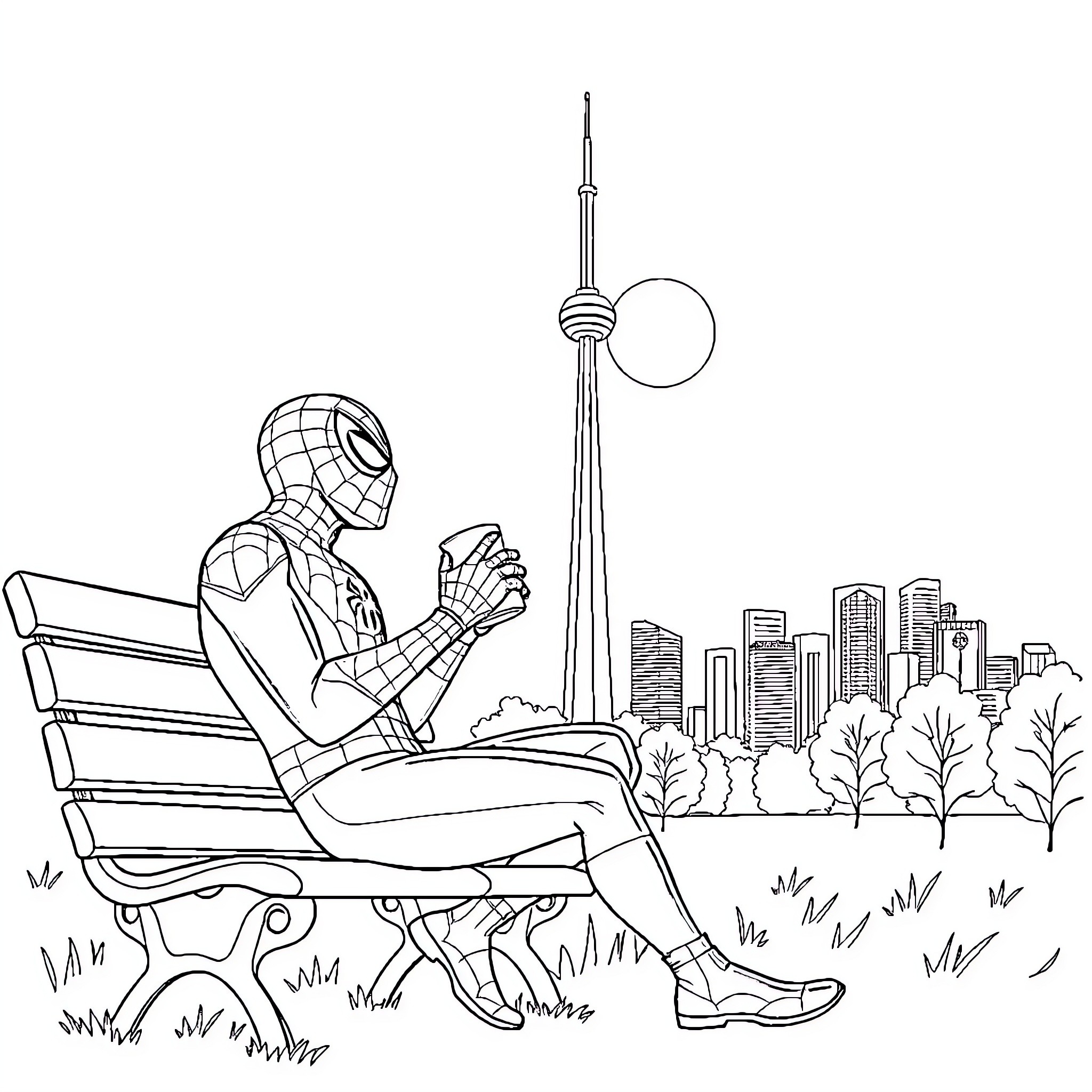 Spiderman resting on a park bench in the city Coloring Page (free black-and-white line drawing printable PDF for all, from beginners to advanced learners, including children, teens, adults, and seniors)