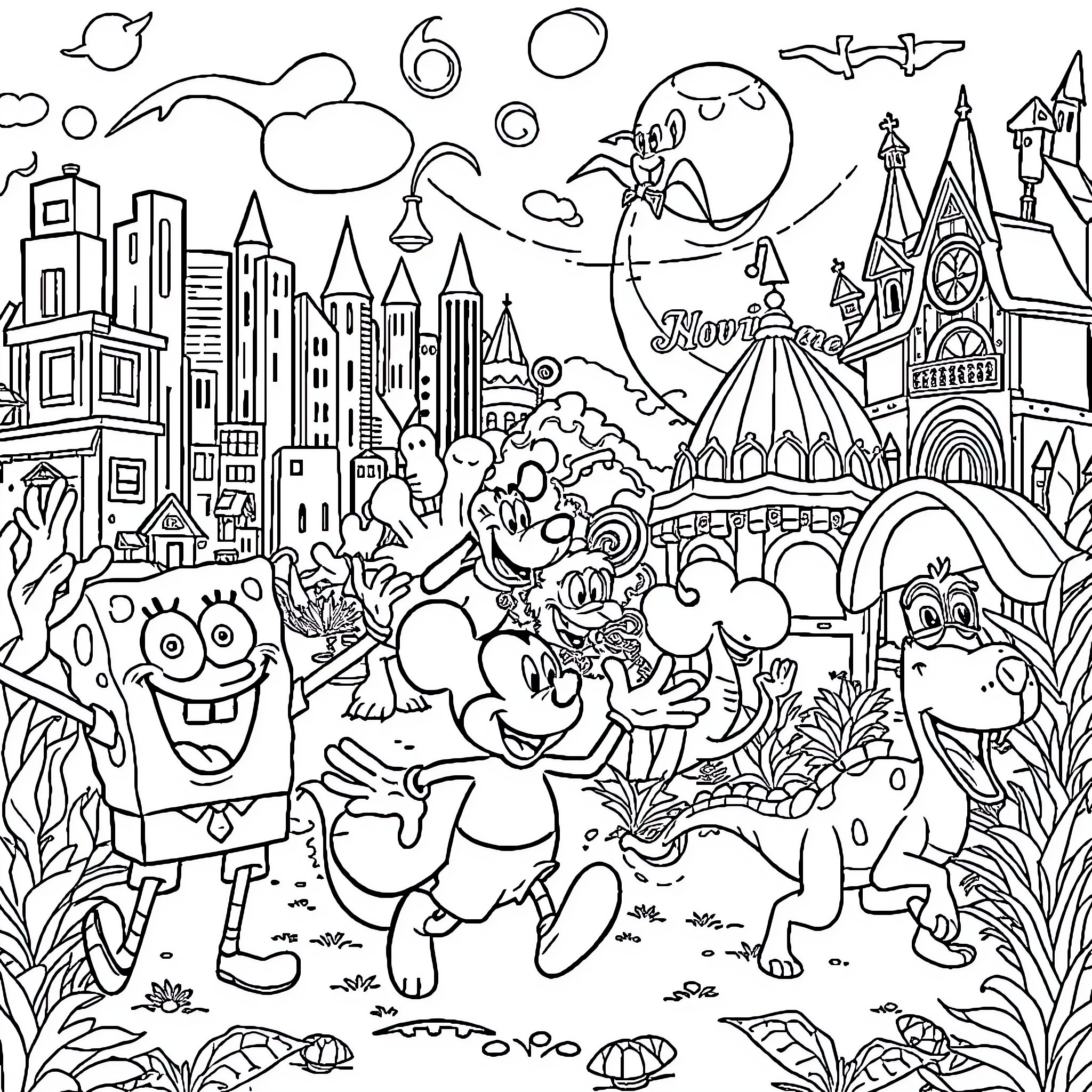 Character's Fantastical Adventure in Whimsical World Coloring Page (free black-and-white line drawing printable PDF for all, from beginners to advanced learners, including children, teens, adults, and seniors)