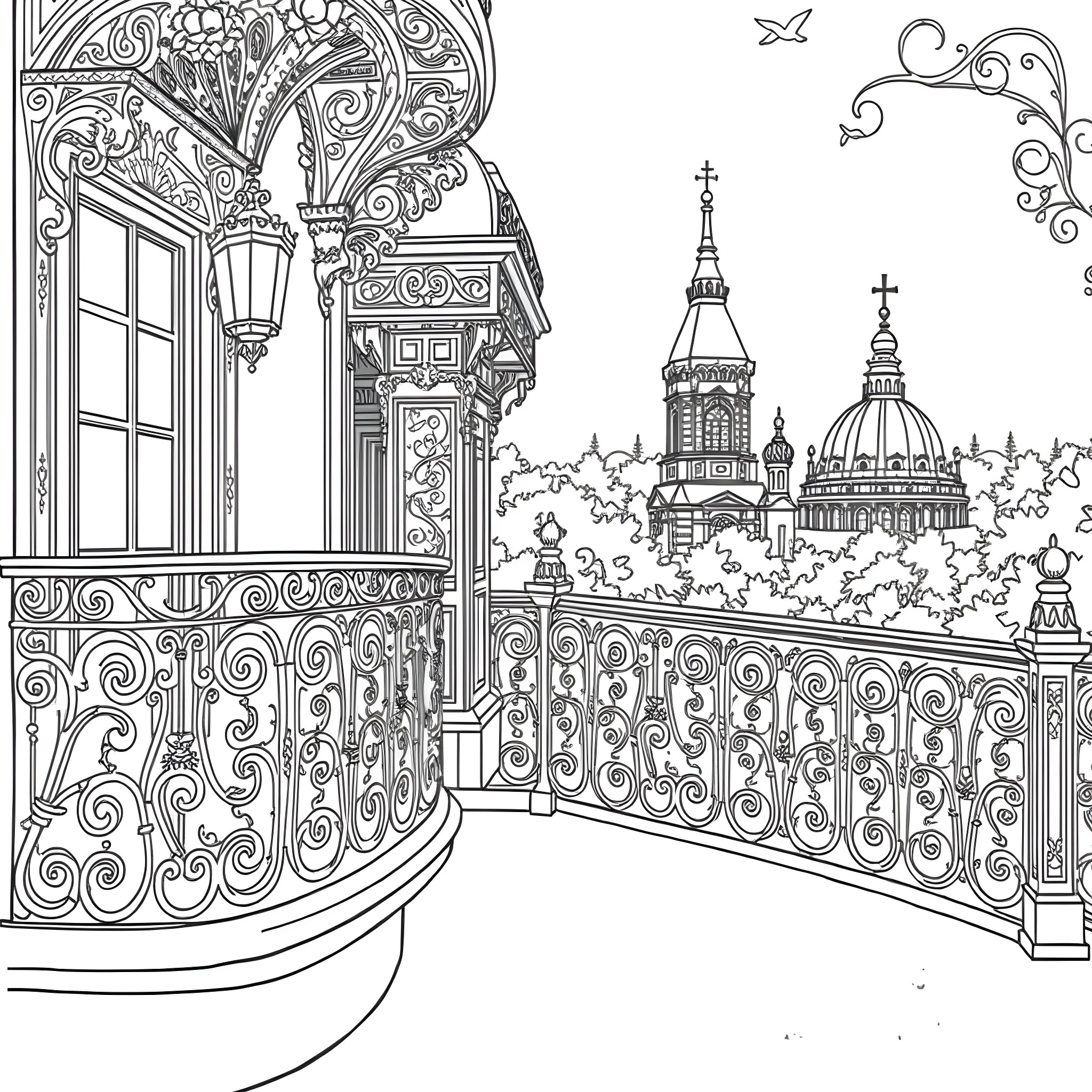 Victorian Architectural Details in an Ornate City Landscape Coloring Page (free black-and-white line drawing printable PDF for all, from beginners to advanced learners, including children, teens, adults, and seniors)