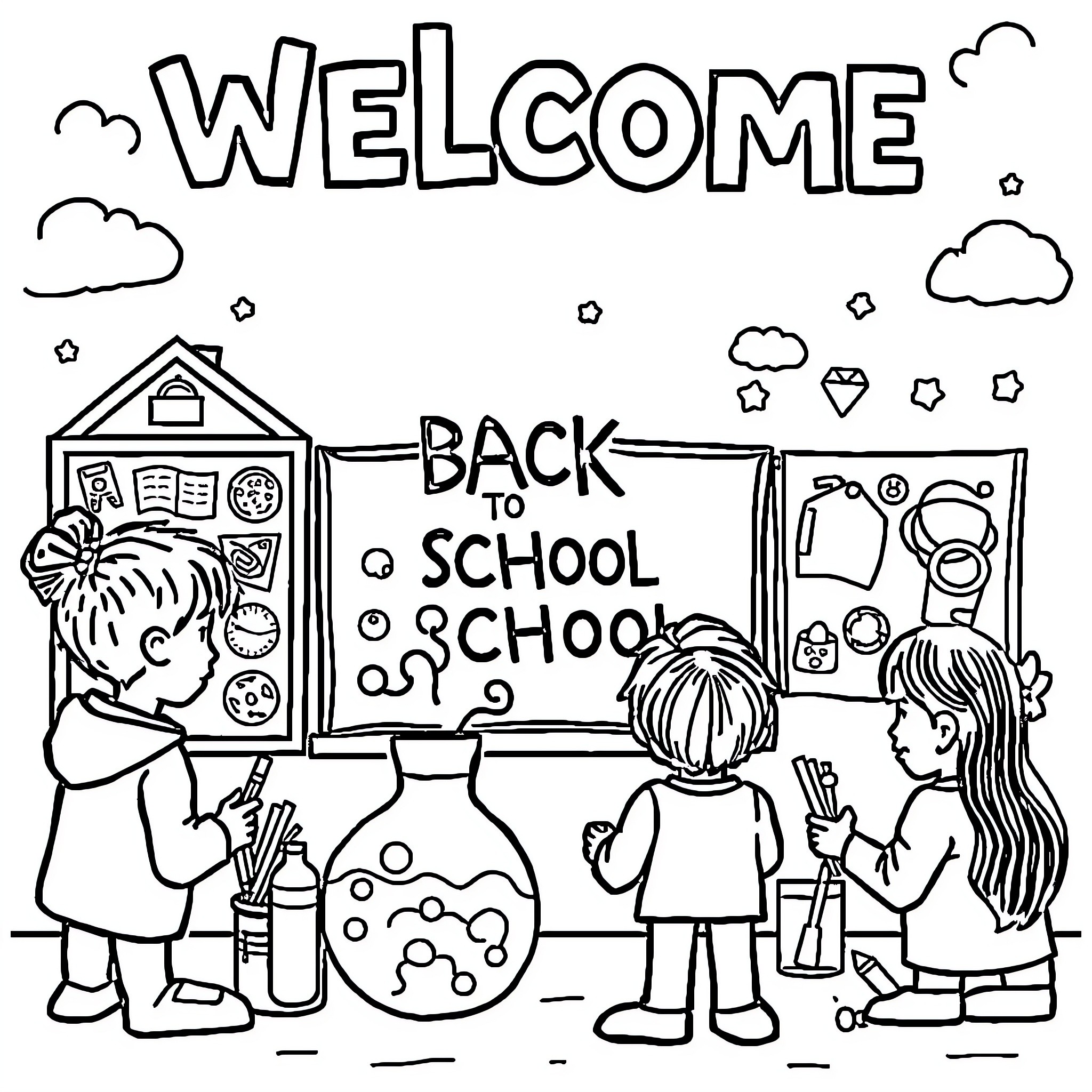 School Kids Excited for Back to School Coloring Page (free black-and-white line drawing printable PDF for all, from beginners to advanced learners, including children, teens, adults, and seniors)