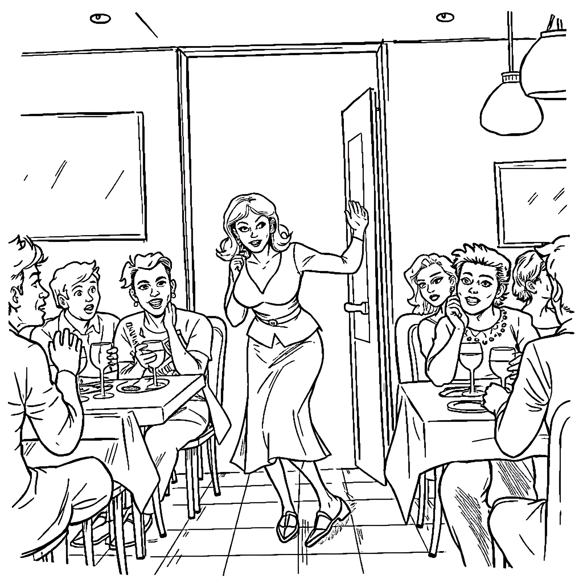 Lady Hosting a Party with Friends Coloring Page (free black-and-white line drawing printable PDF for all, from beginners to advanced learners, including children, teens, adults, and seniors)