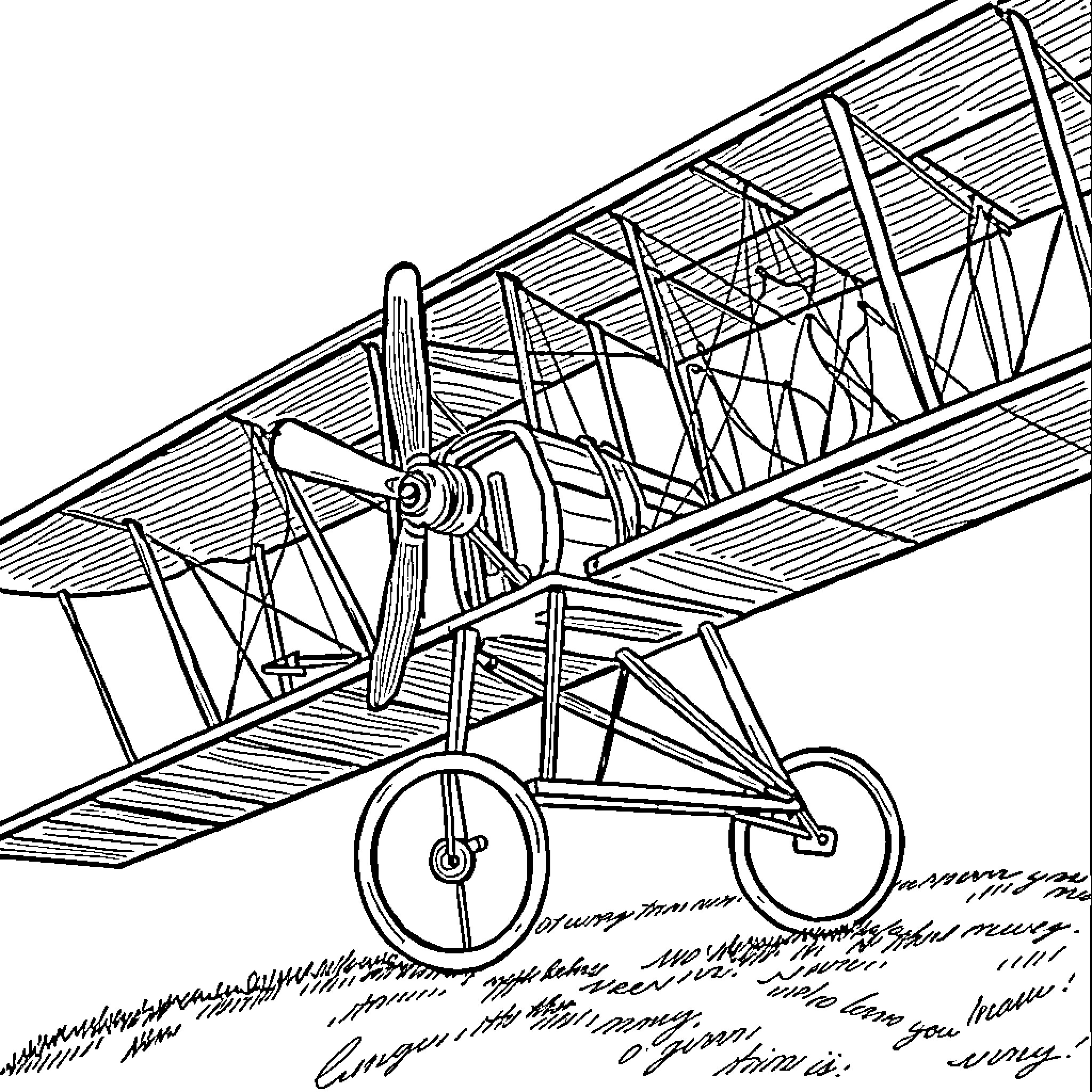 Wright Brothers Plane in Flight Diagram Coloring Page (free black-and-white line drawing printable PDF for all, from beginners to advanced learners, including children, teens, adults, and seniors)