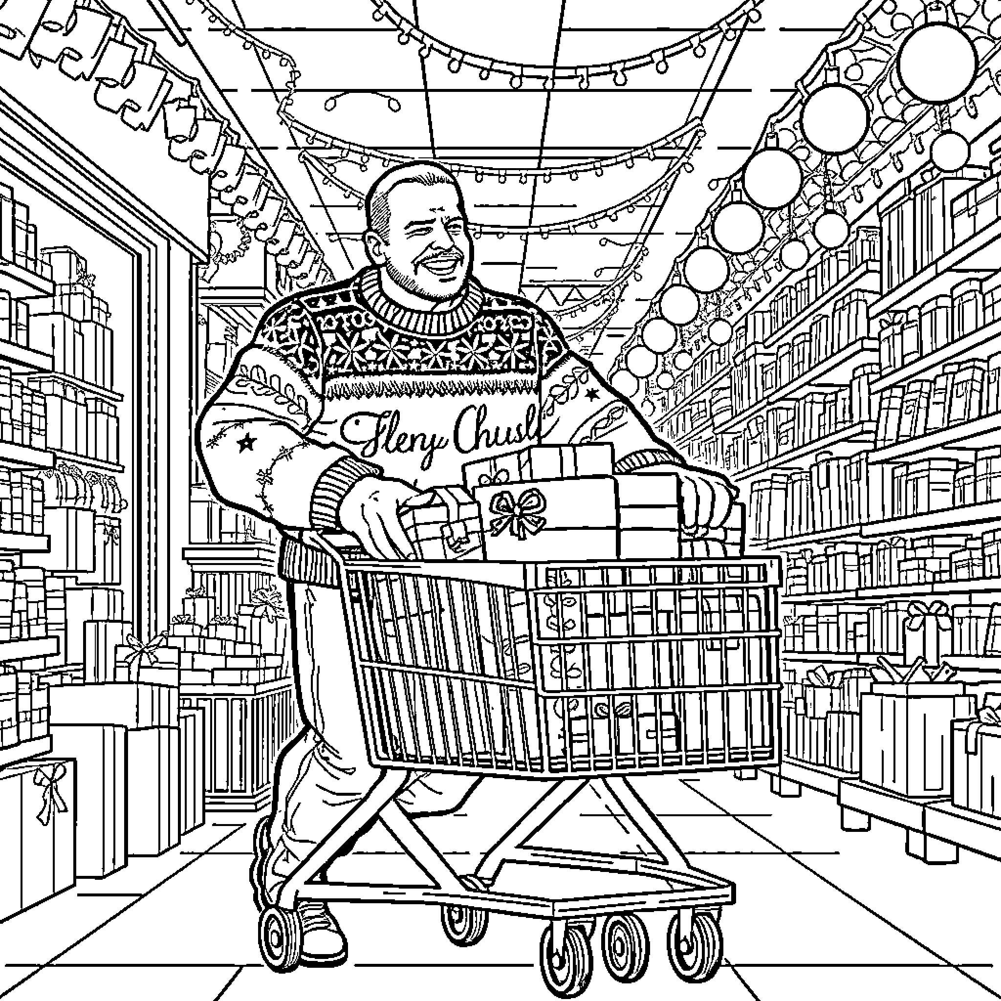 Steve Austin's Holiday Shopping Spree Coloring Page (free black-and-white line drawing printable PDF for all, from beginners to advanced learners, including children, teens, adults, and seniors)