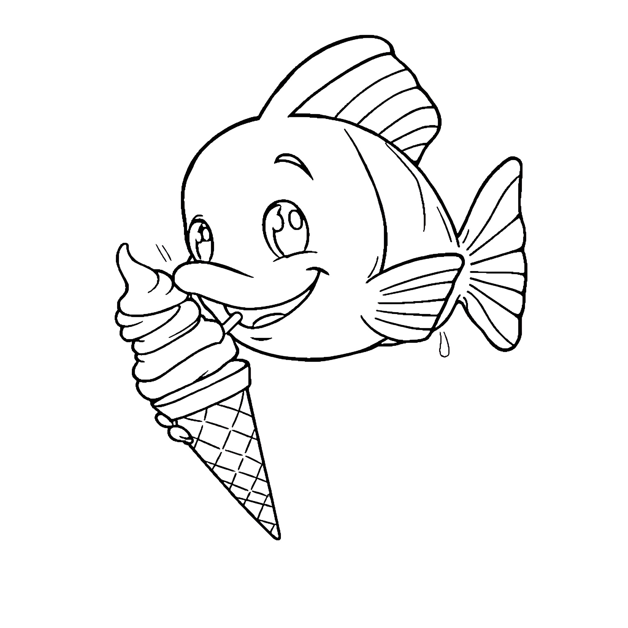 Tampon Fish enjoying ice cream cone Coloring Page (free black-and-white line drawing printable PDF for all, from beginners to advanced learners, including children, teens, adults, and seniors)