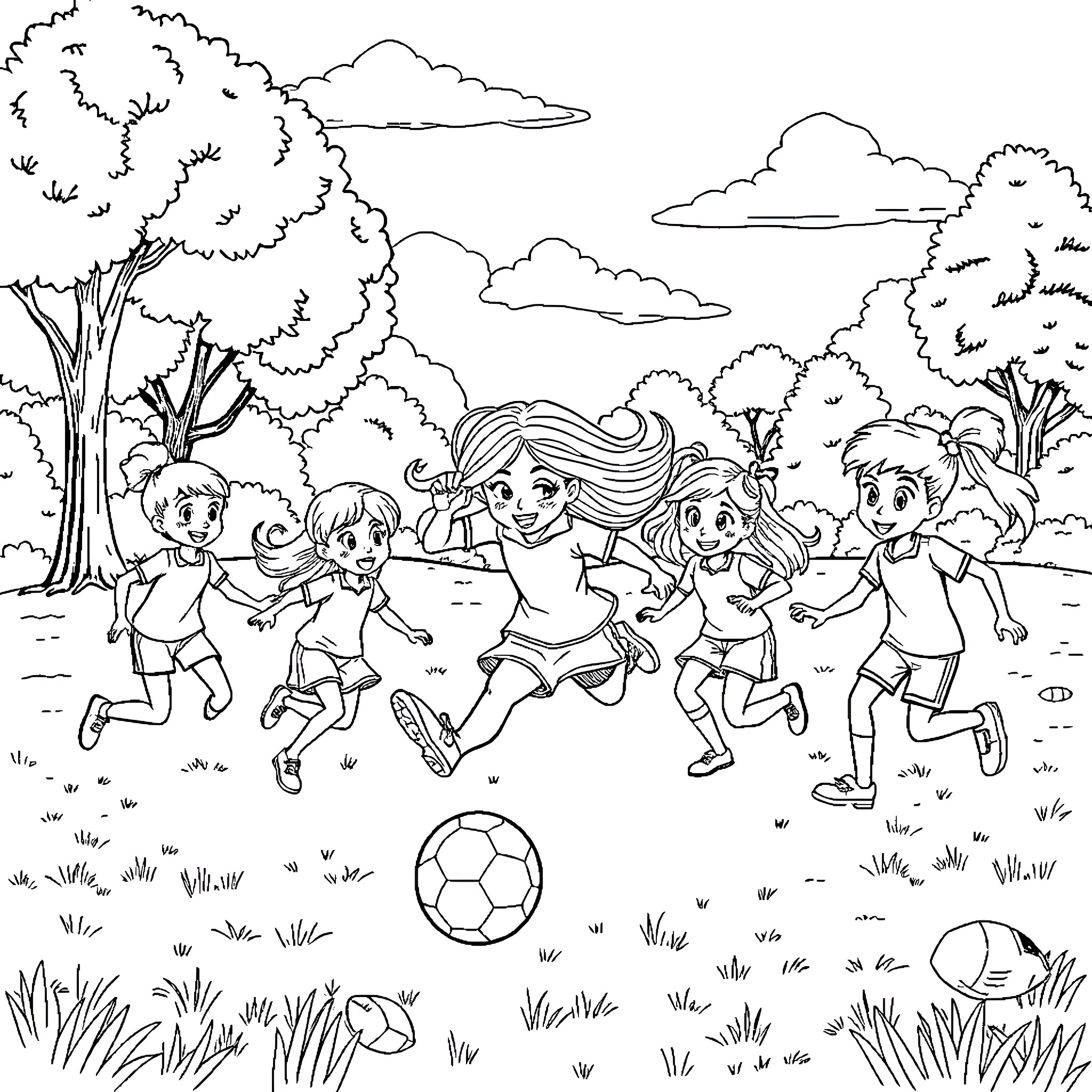 Bluey and friends playing soccer in the park Coloring Page (free black-and-white line drawing printable PDF for all, from beginners to advanced learners, including children, teens, adults, and seniors)