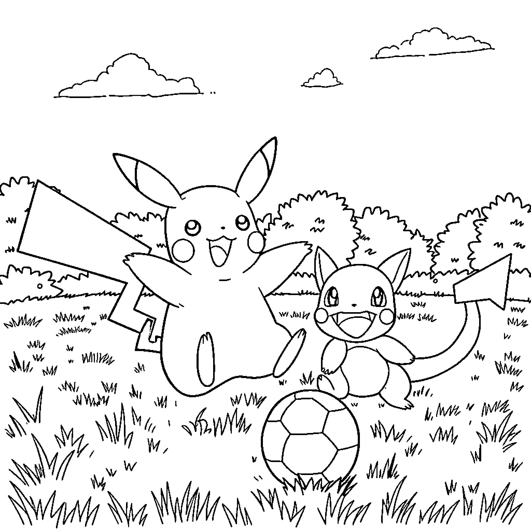 Pikachu and Friends Explore the Outdoors Coloring Page (free black-and-white line drawing printable PDF for all, from beginners to advanced learners, including children, teens, adults, and seniors)