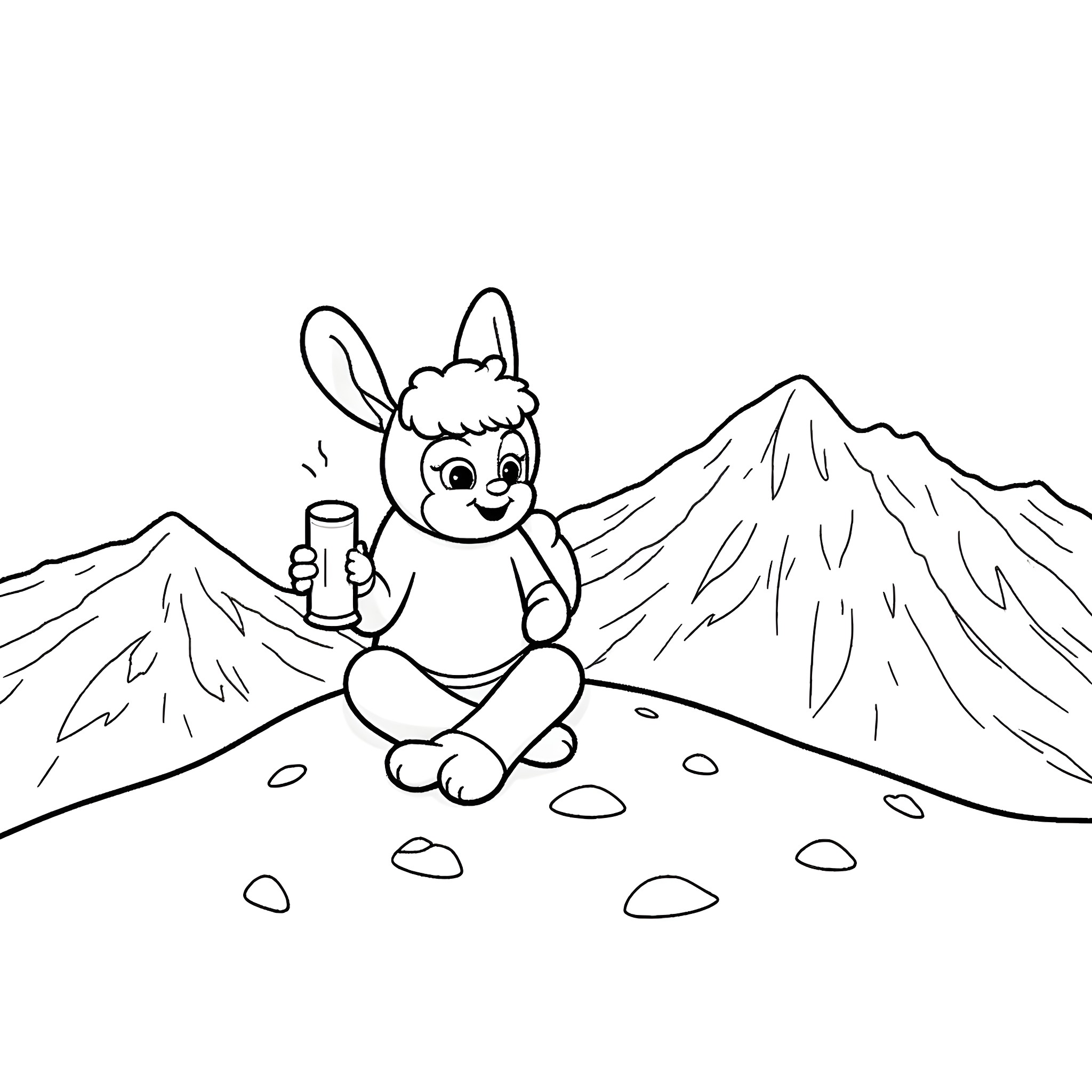 Bleuy the Bunny's Mountain Adventure Coloring Page (free black-and-white line drawing printable PDF for all, from beginners to advanced learners, including children, teens, adults, and seniors)