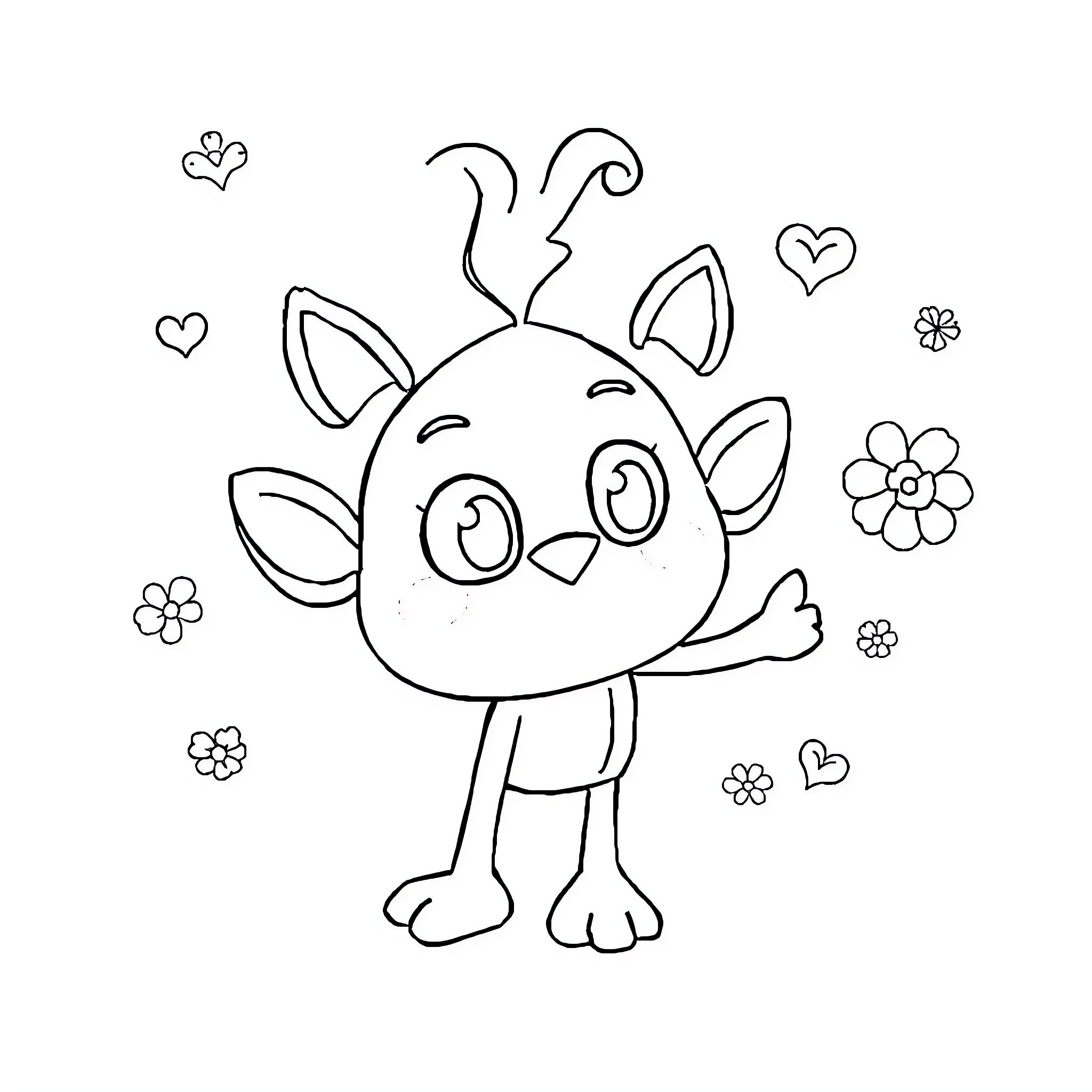 Sprunki's Joyful Encounter with Flowers Coloring Page (free black-and-white line drawing printable PDF for all, from beginners to advanced learners, including children, teens, adults, and seniors)