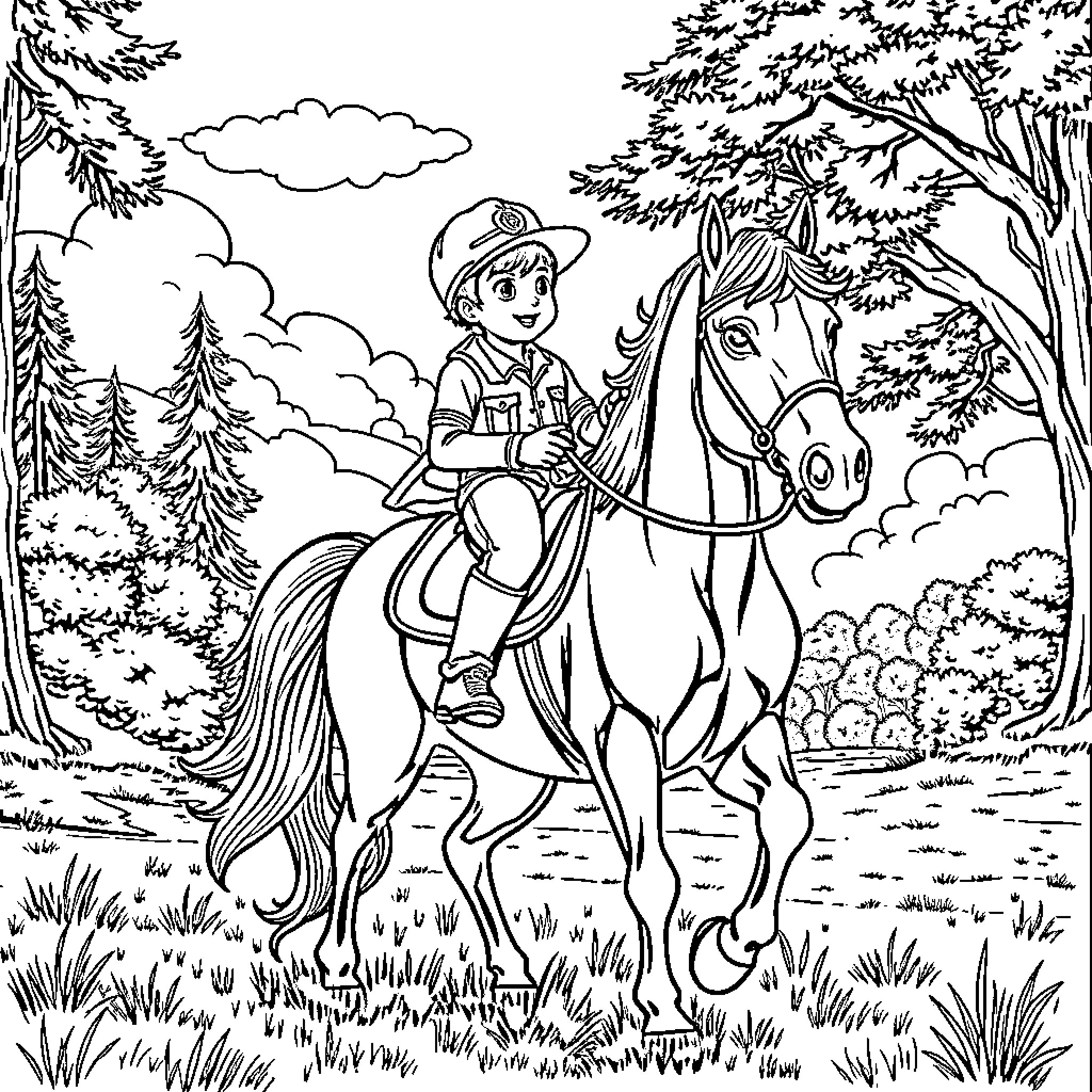 Buddie riding horse in the forest adventure Coloring Page (free black-and-white line drawing printable PDF for all, from beginners to advanced learners, including children, teens, adults, and seniors)