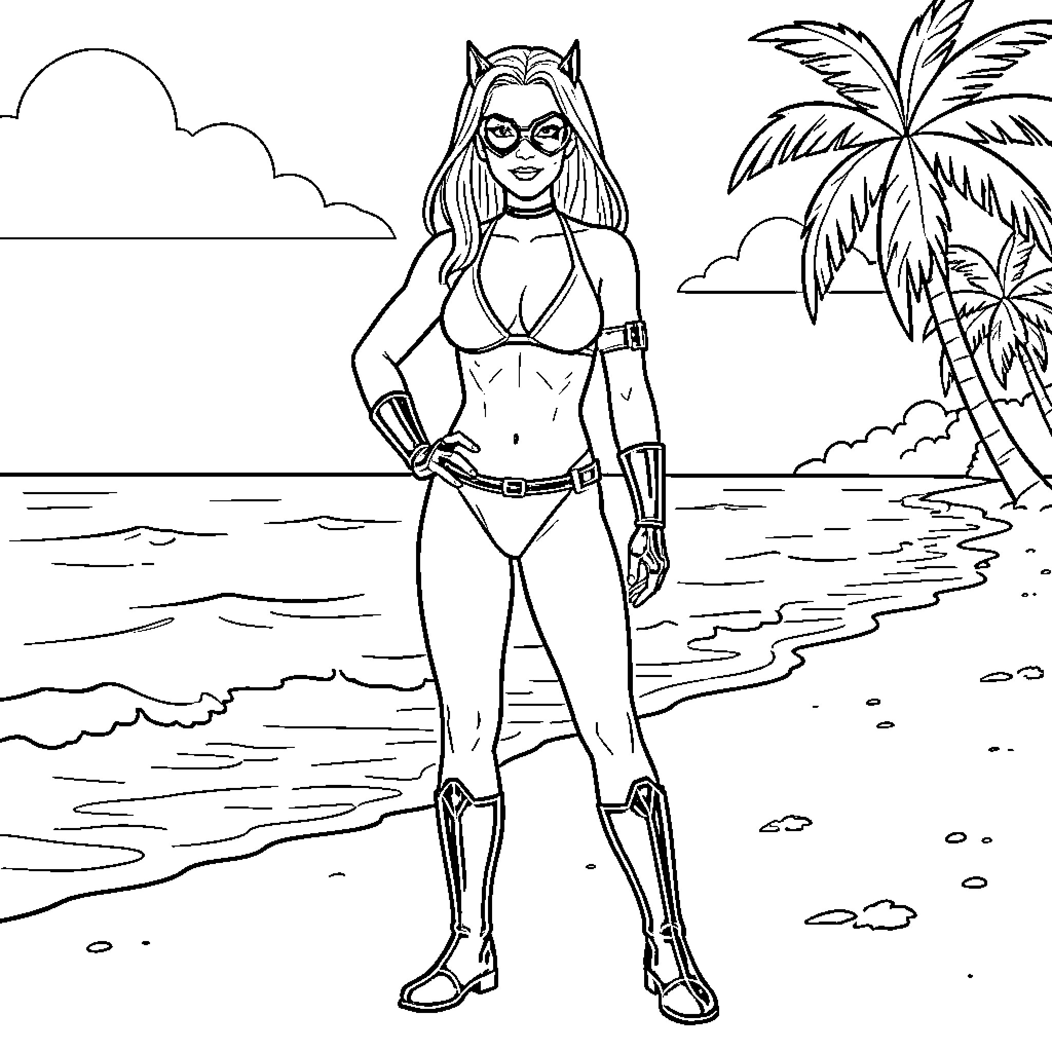 Black Widow in action on the beach Coloring Page (free black-and-white line drawing printable PDF for all, from beginners to advanced learners, including children, teens, adults, and seniors)