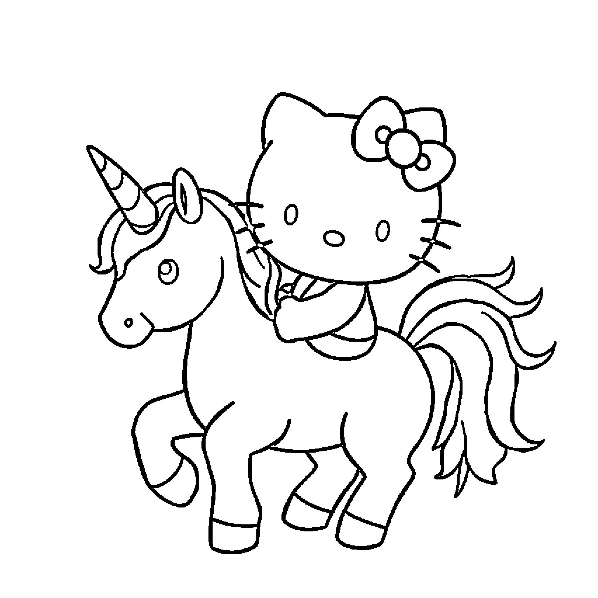 Hello Kitty riding a unicorn Coloring Page (free black-and-white line drawing printable PDF for all, from beginners to advanced learners, including children, teens, adults, and seniors)
