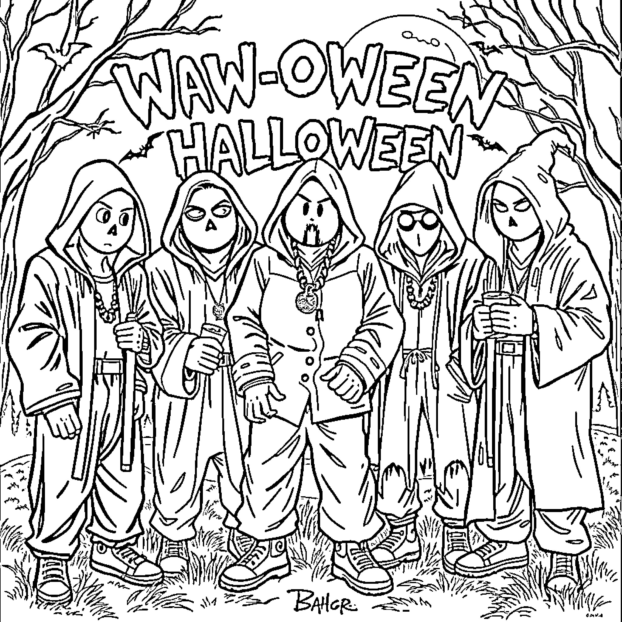 Wu-Tang Clan Celebrates Wacky Halloween in the Woods Coloring Page (free black-and-white line drawing printable PDF for all, from beginners to advanced learners, including children, teens, adults, and seniors)