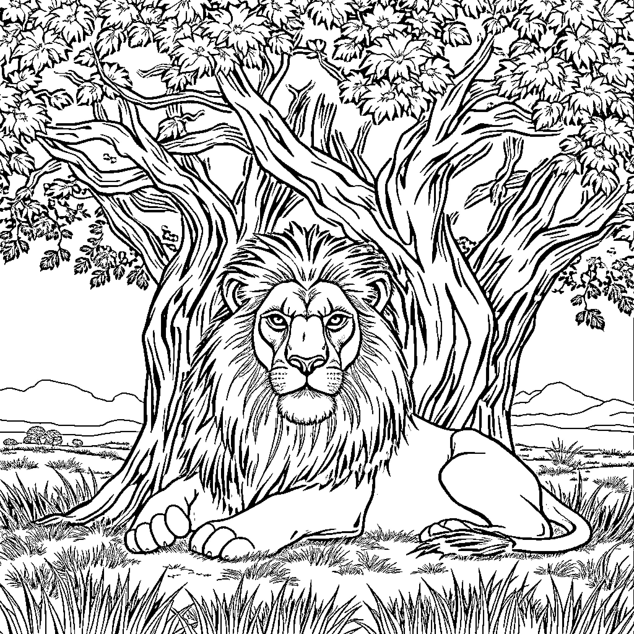 Lion resting under the shady trees Coloring Page (free black-and-white line drawing printable PDF for all, from beginners to advanced learners, including children, teens, adults, and seniors)