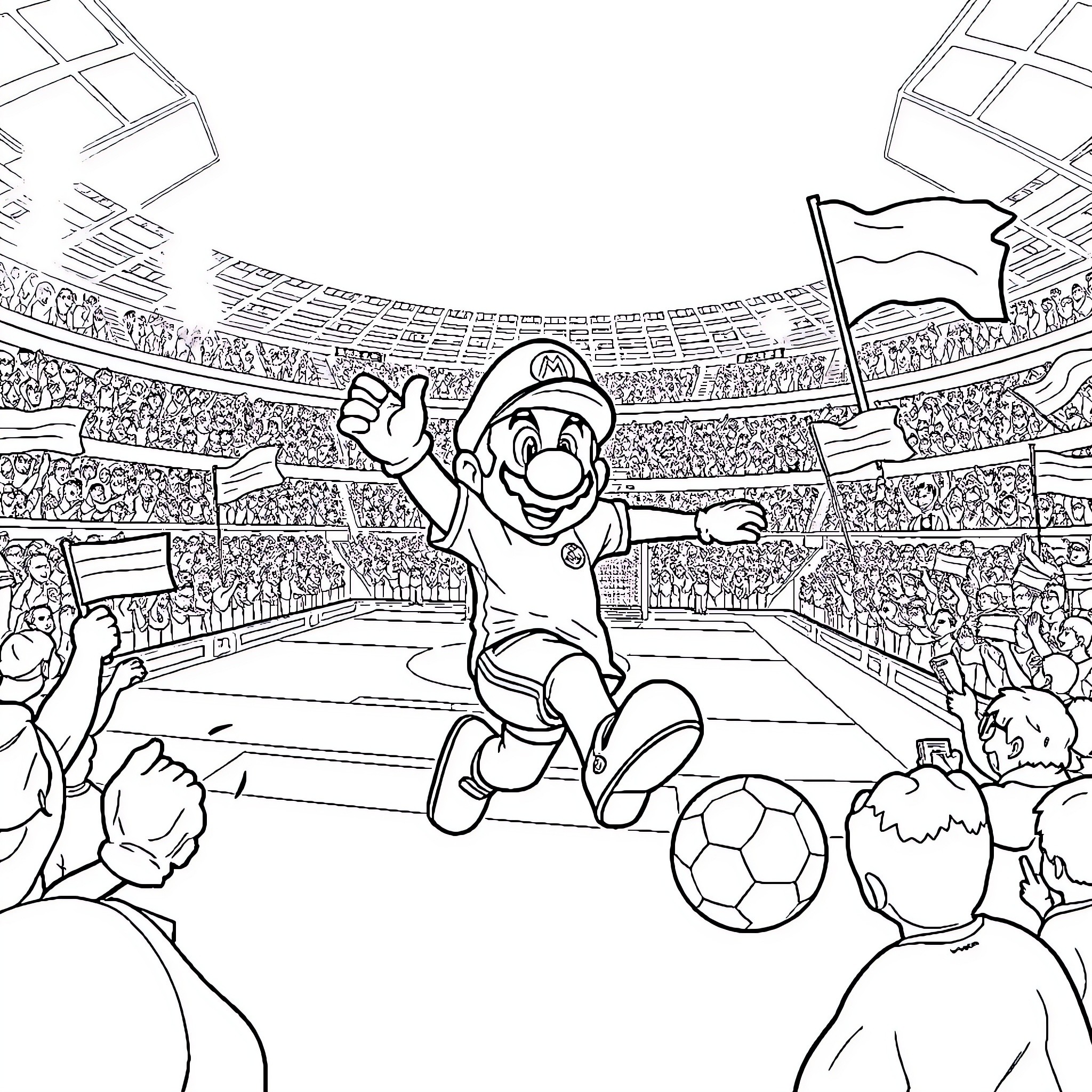 Mario Celebrates Victory in a Crowded Stadium Coloring Page (free black-and-white line drawing printable PDF for all, from beginners to advanced learners, including children, teens, adults, and seniors)