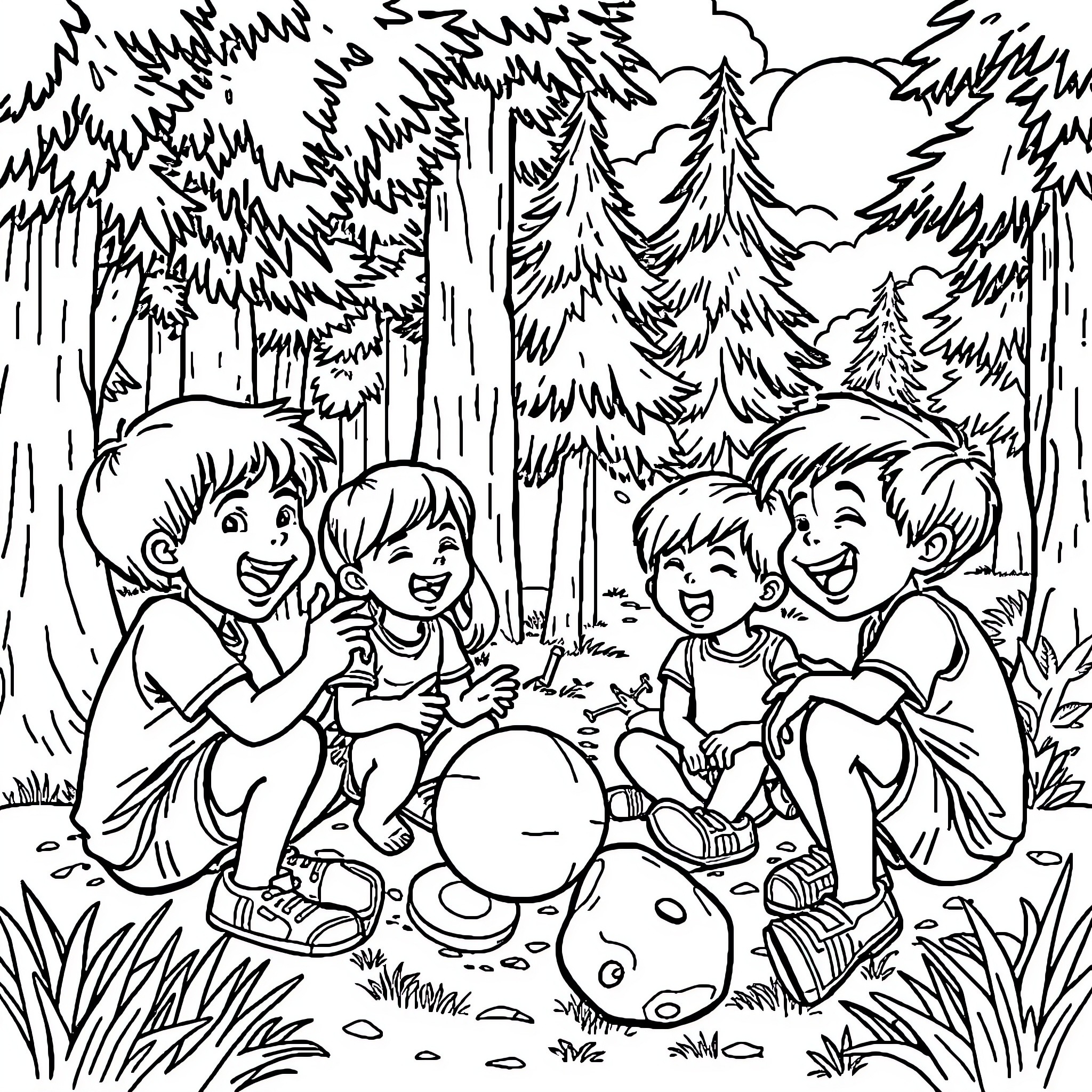 Kids playing joyfully in the forest Coloring Page (free black-and-white line drawing printable PDF for all, from beginners to advanced learners, including children, teens, adults, and seniors)