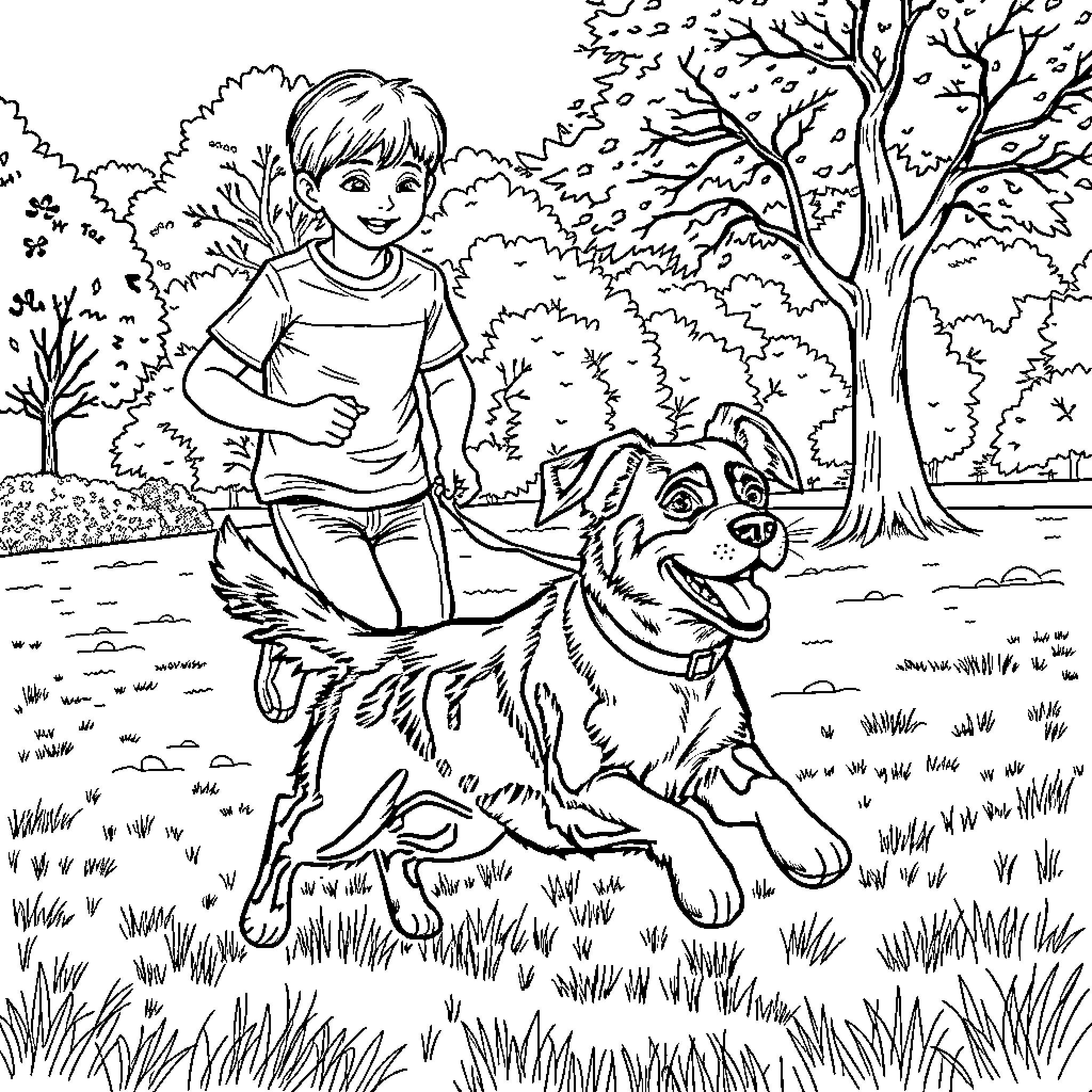 Dog and child playing in the park Coloring Page (free black-and-white line drawing printable PDF for all, from beginners to advanced learners, including children, teens, adults, and seniors)