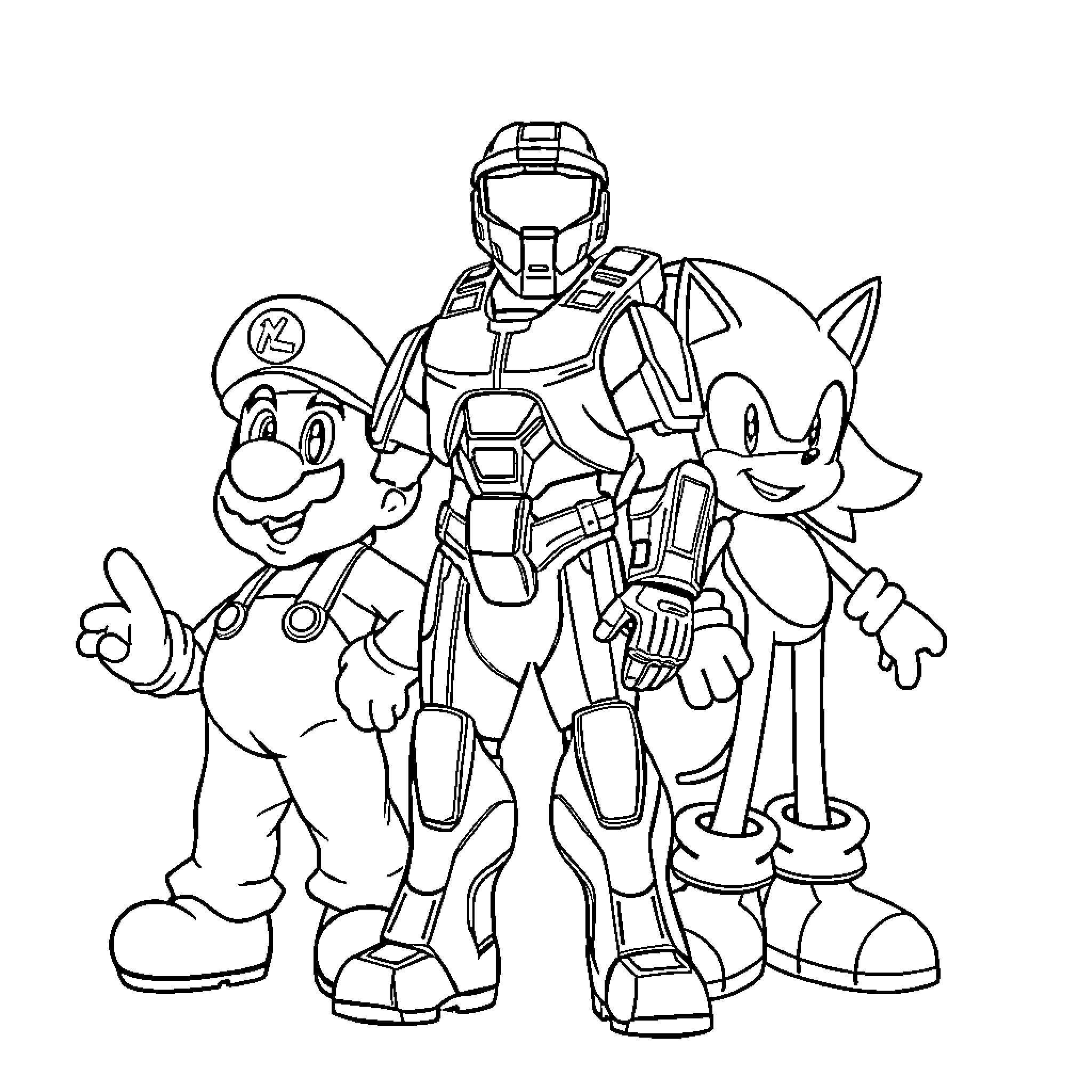 Halo Master Chief with Mario and Sonic Coloring Page (free black-and-white line drawing printable PDF for all, from beginners to advanced learners, including children, teens, adults, and seniors)