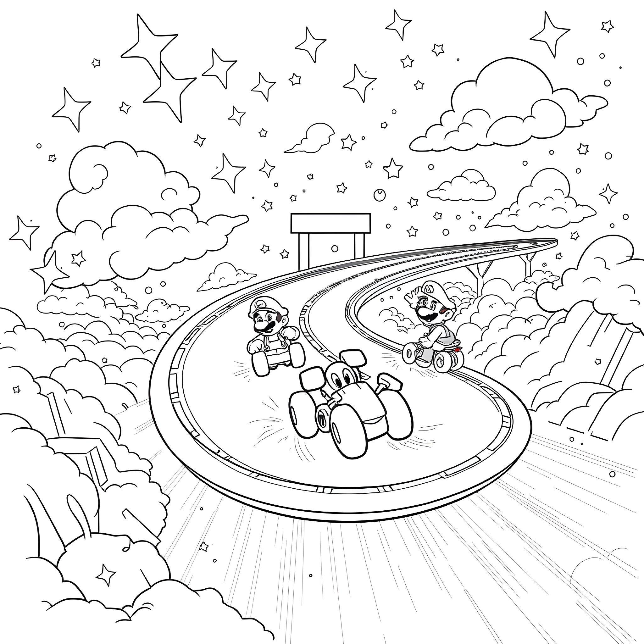 Mario Kart Racing Under the Starry Night Sky Coloring Page (free black-and-white line drawing printable PDF for all, from beginners to advanced learners, including children, teens, adults, and seniors)