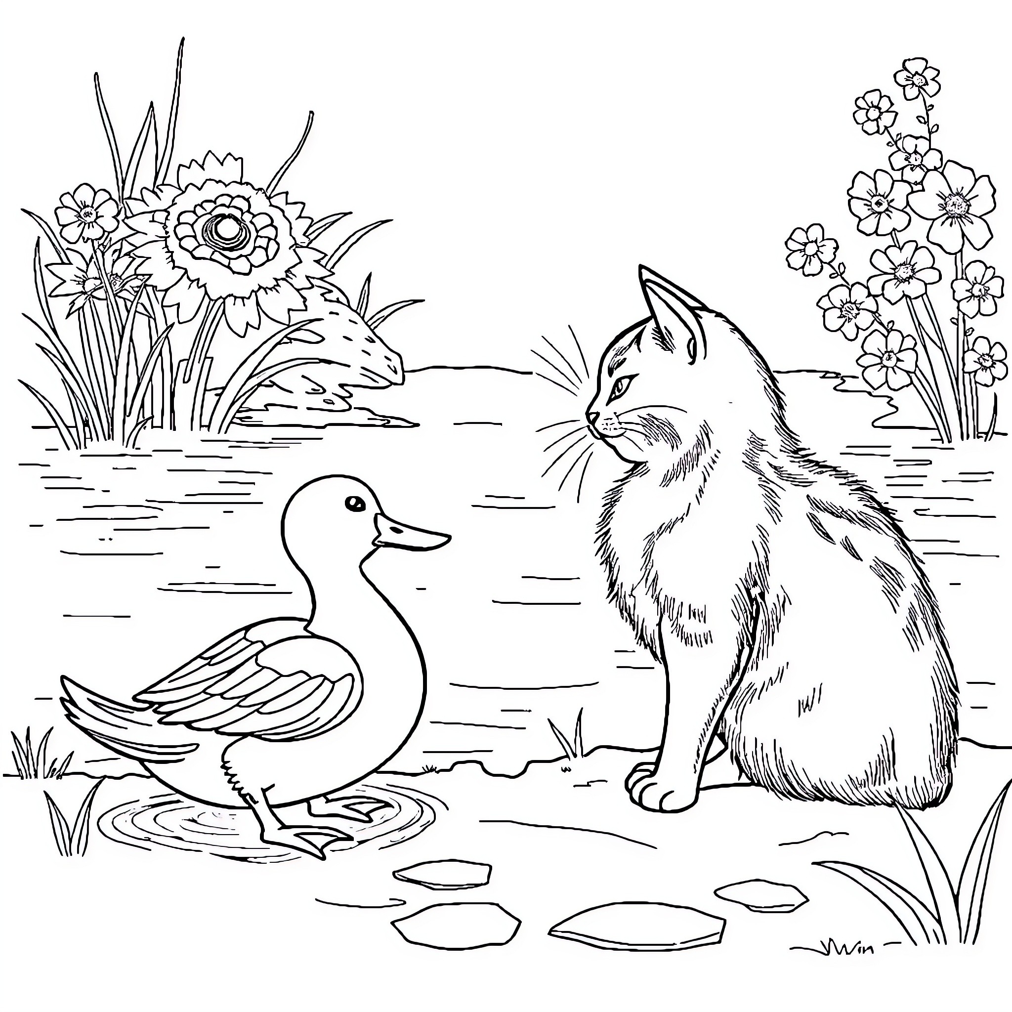 Cat vs Duck: Peaceful Encounter in Nature Coloring Page (free black-and-white line drawing printable PDF for all, from beginners to advanced learners, including children, teens, adults, and seniors)