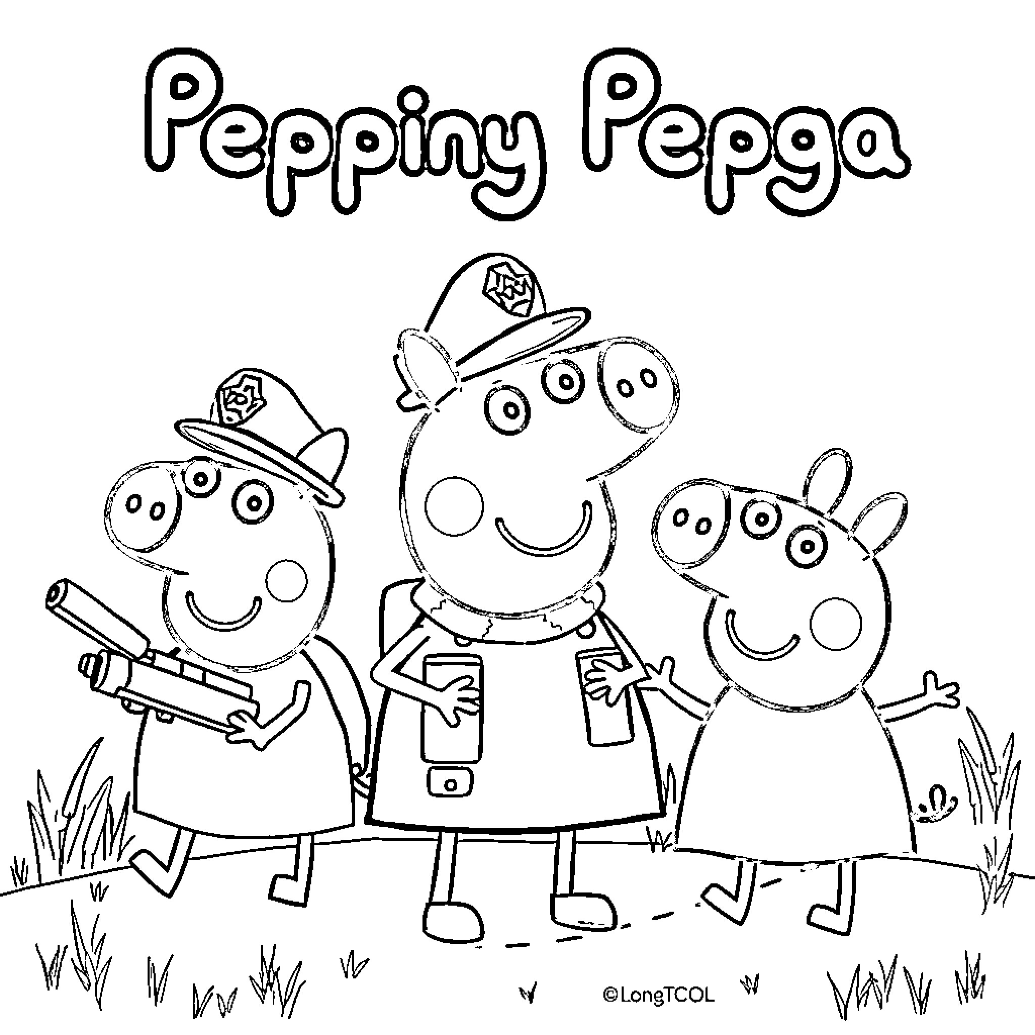 Peppa Pig family on a fun adventure Coloring Page (free black-and-white line drawing printable PDF for all, from beginners to advanced learners, including children, teens, adults, and seniors)