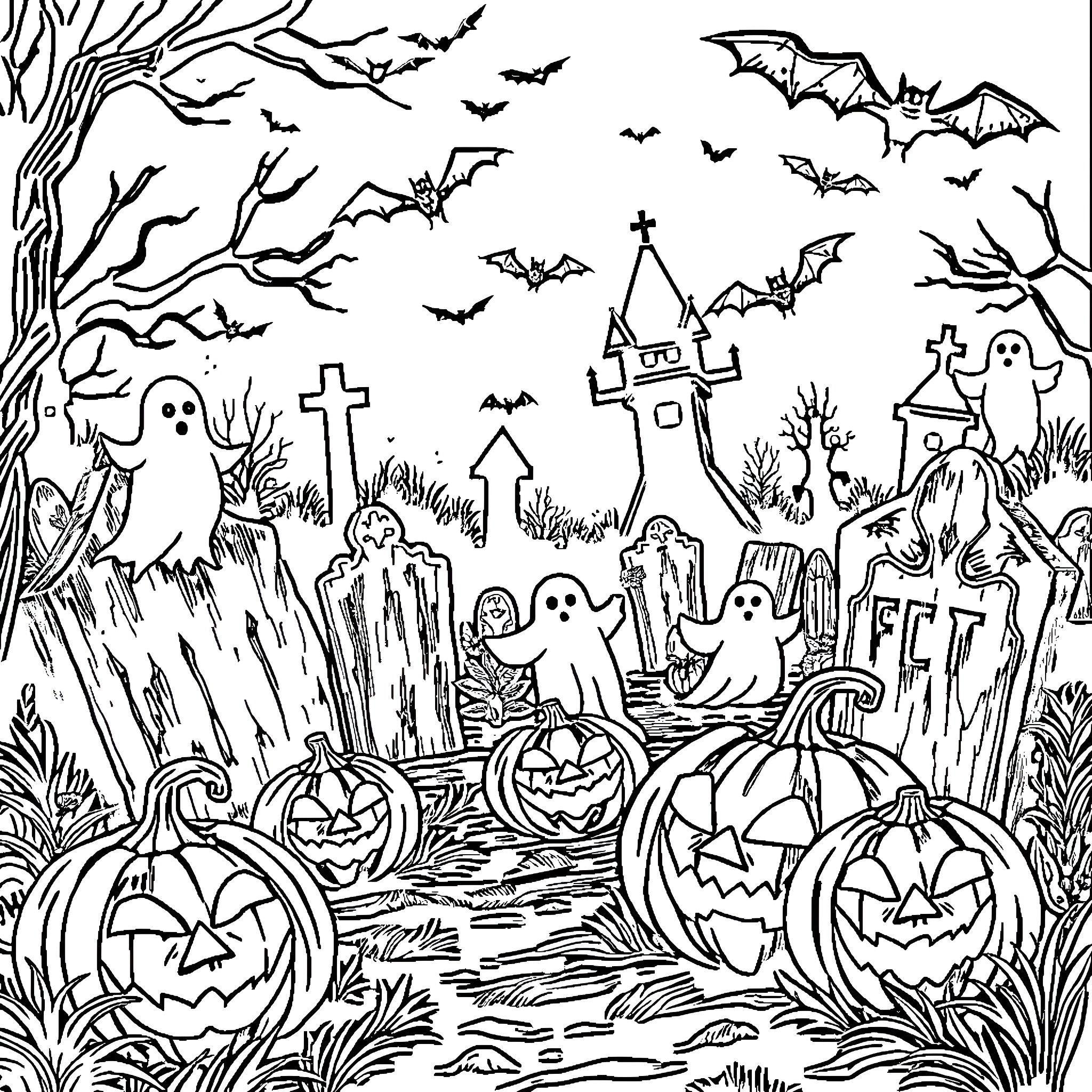 Pumpkins, ghosts, and haunted graveyard in the dark Coloring Page (free black-and-white line drawing printable PDF for all, from beginners to advanced learners, including children, teens, adults, and seniors)