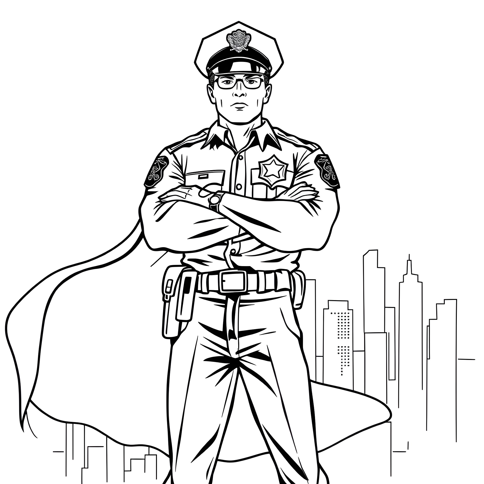 Police Officer Standing Firm in the City Coloring Page (free black-and-white line drawing printable PDF for all, from beginners to advanced learners, including children, teens, adults, and seniors)