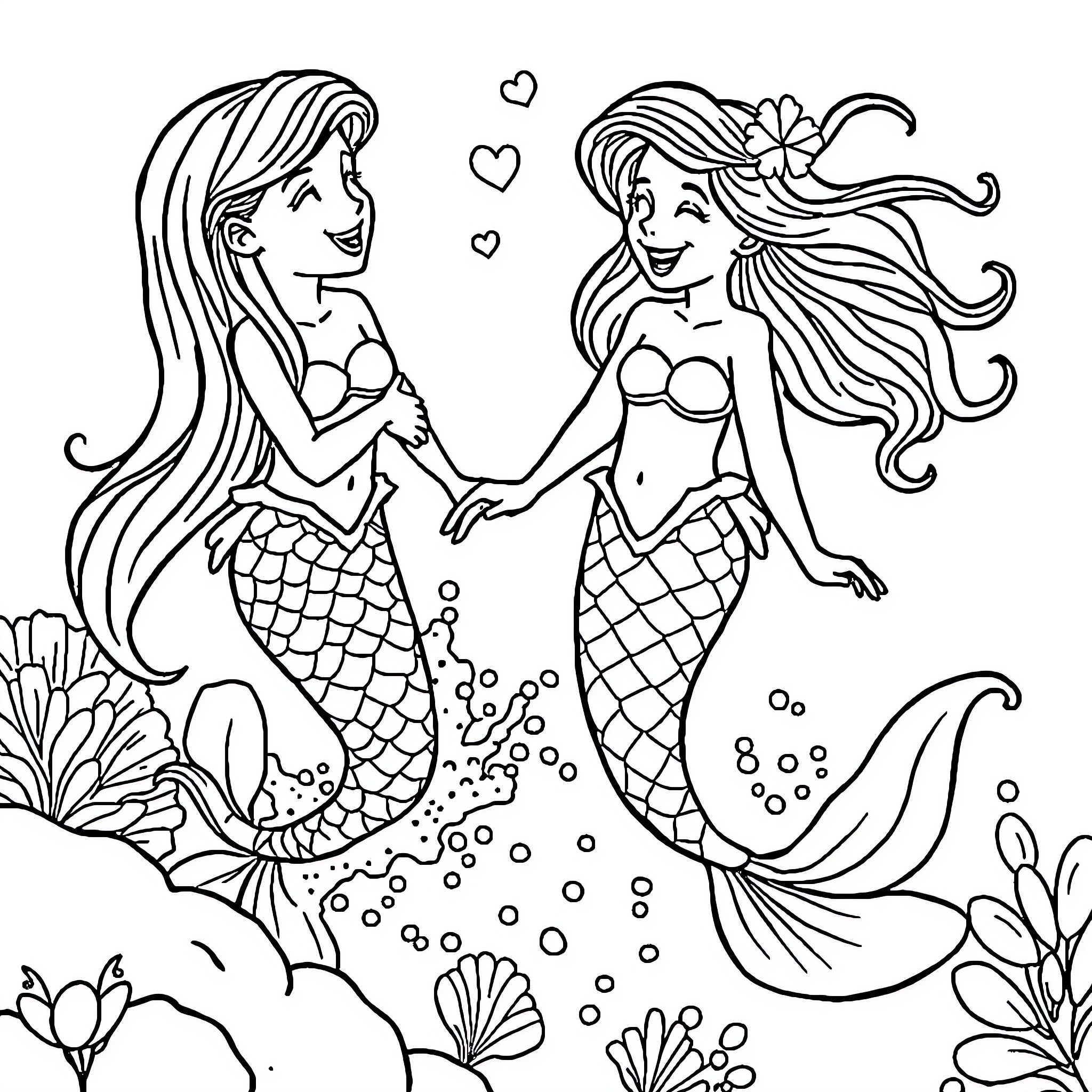 Mermaid friends enjoying marine life Coloring Page (free black-and-white line drawing printable PDF for all, from beginners to advanced learners, including children, teens, adults, and seniors)