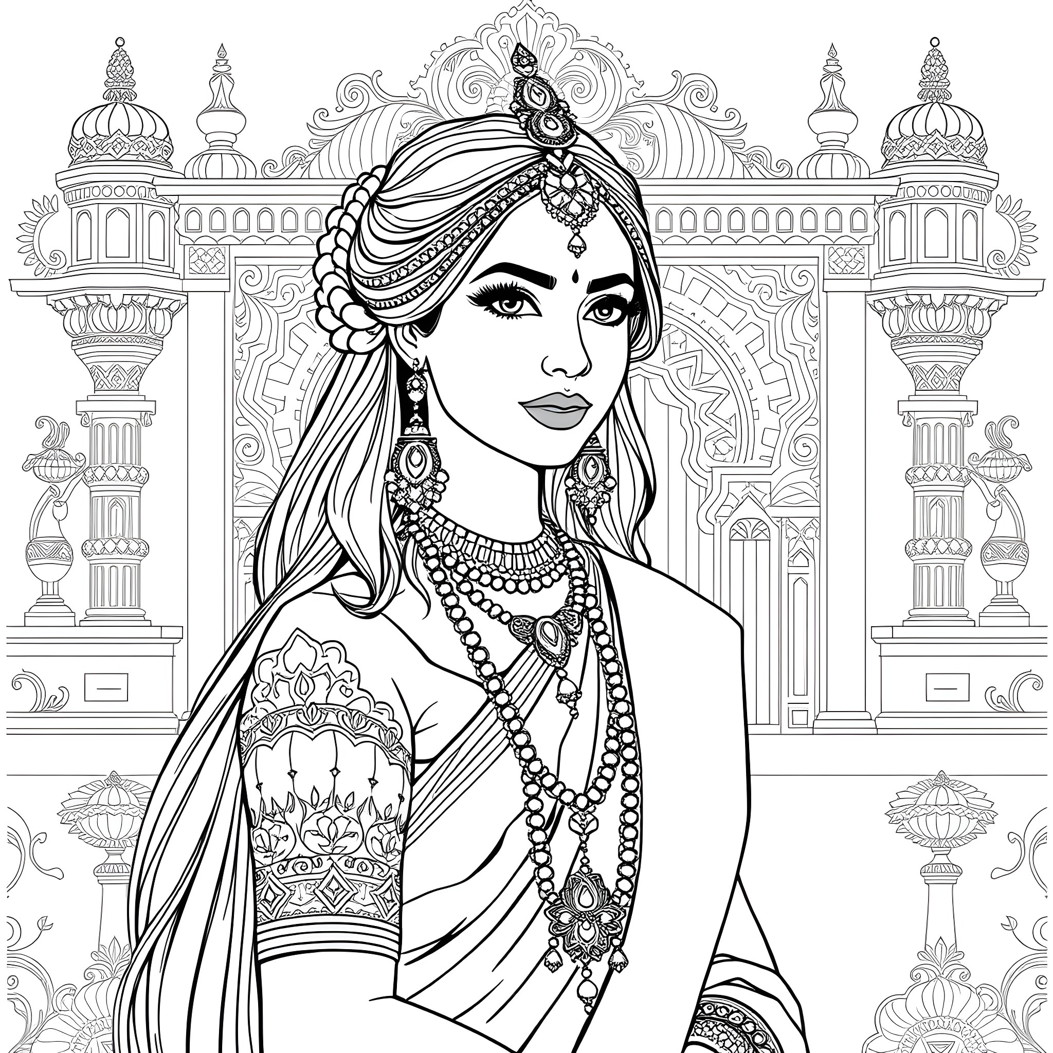 Woman in ornate jewelry and traditional attire Coloring Page (free black-and-white line drawing printable PDF for all, from beginners to advanced learners, including children, teens, adults, and seniors)