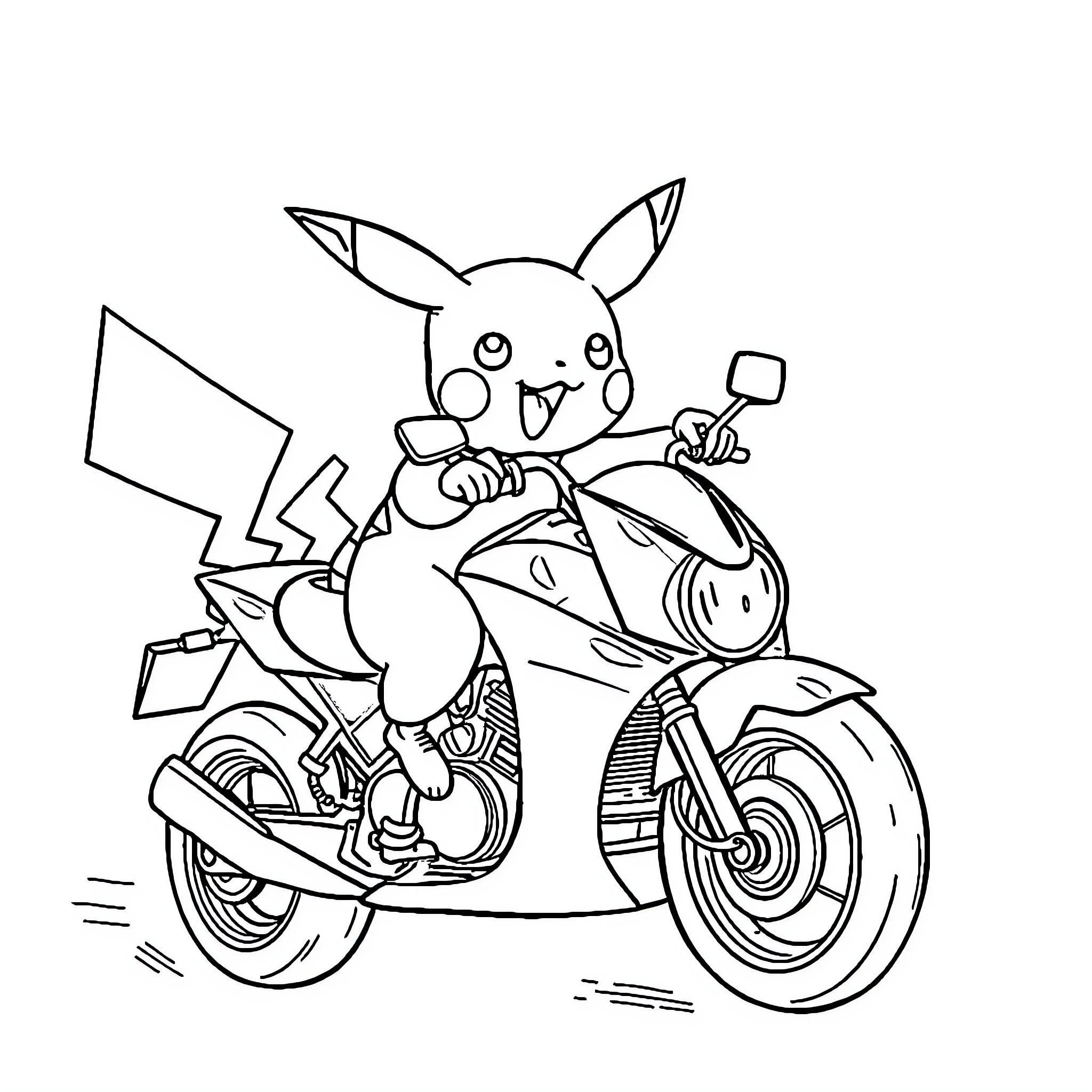 Pikachu riding a motorcycle with excitement Coloring Page (free black-and-white line drawing printable PDF for all, from beginners to advanced learners, including children, teens, adults, and seniors)