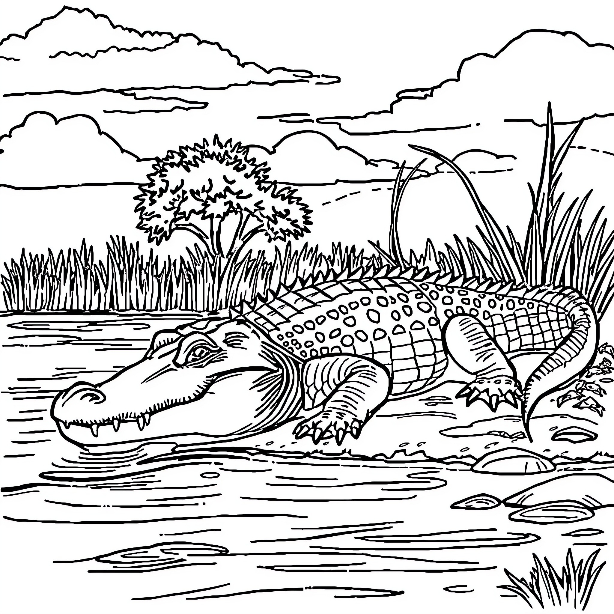 Crocodile swimming in the lake surrounded by nature Coloring Page (free black-and-white line drawing printable PDF for all, from beginners to advanced learners, including children, teens, adults, and seniors)