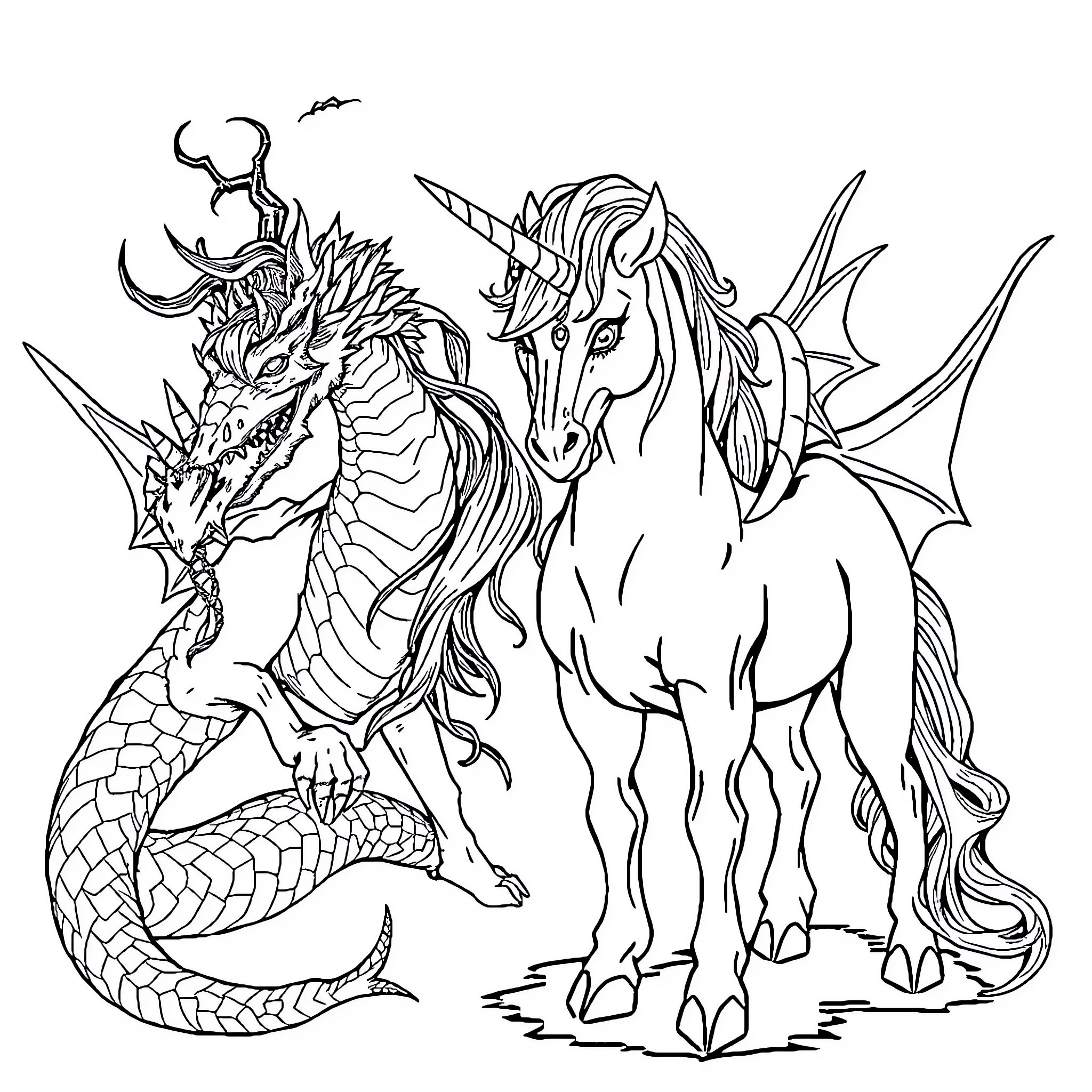 Unicorn and Dragon in Mythical Encounter Coloring Page (free black-and-white line drawing printable PDF for all, from beginners to advanced learners, including children, teens, adults, and seniors)